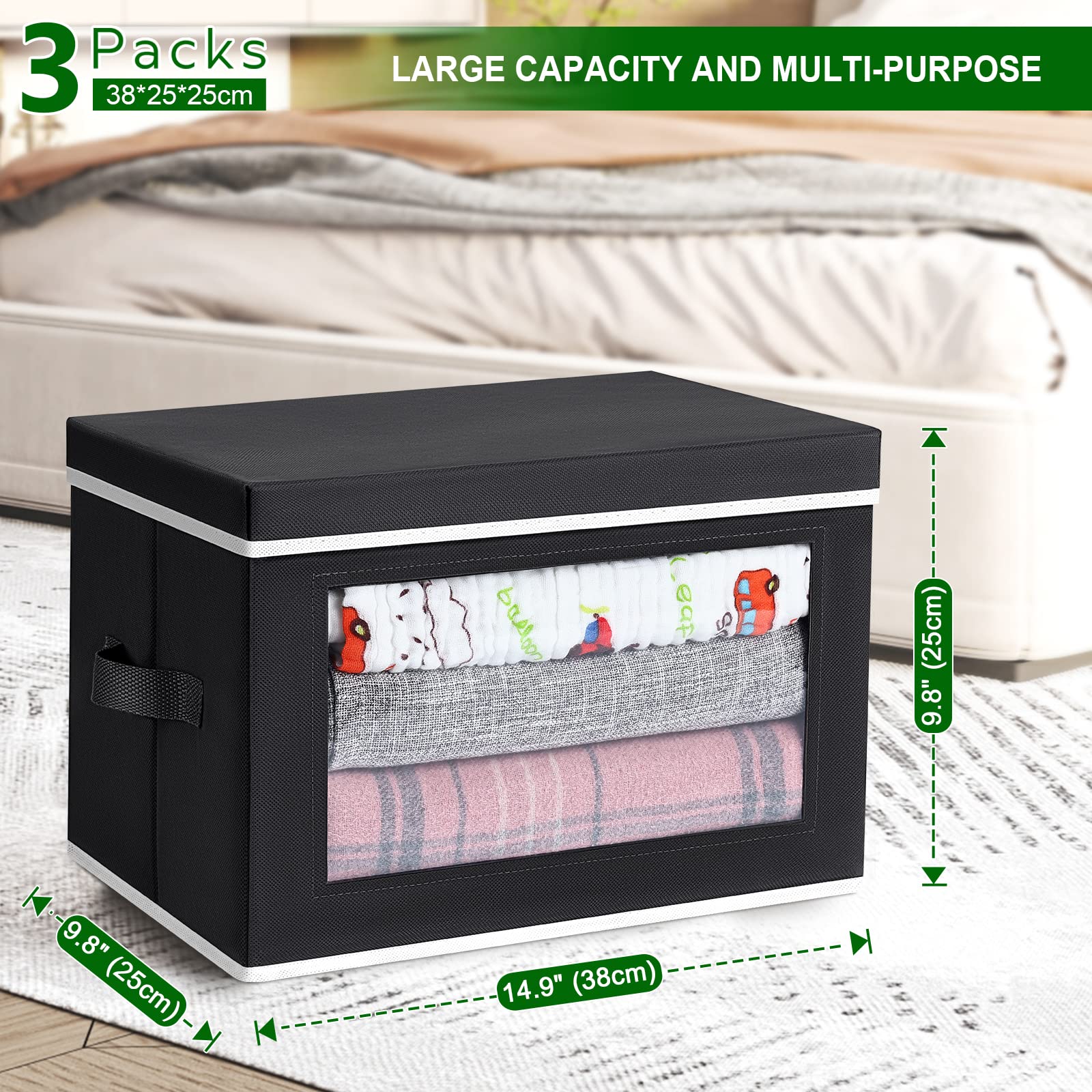 homsorout Storage Boxes with Lids  Collapsible Storage Bins Cubes with Handles  Closet Storage Baskets with Window  Fabric Storage Containers for Organizing Clothes  Toys  Books  3 Packs  Black