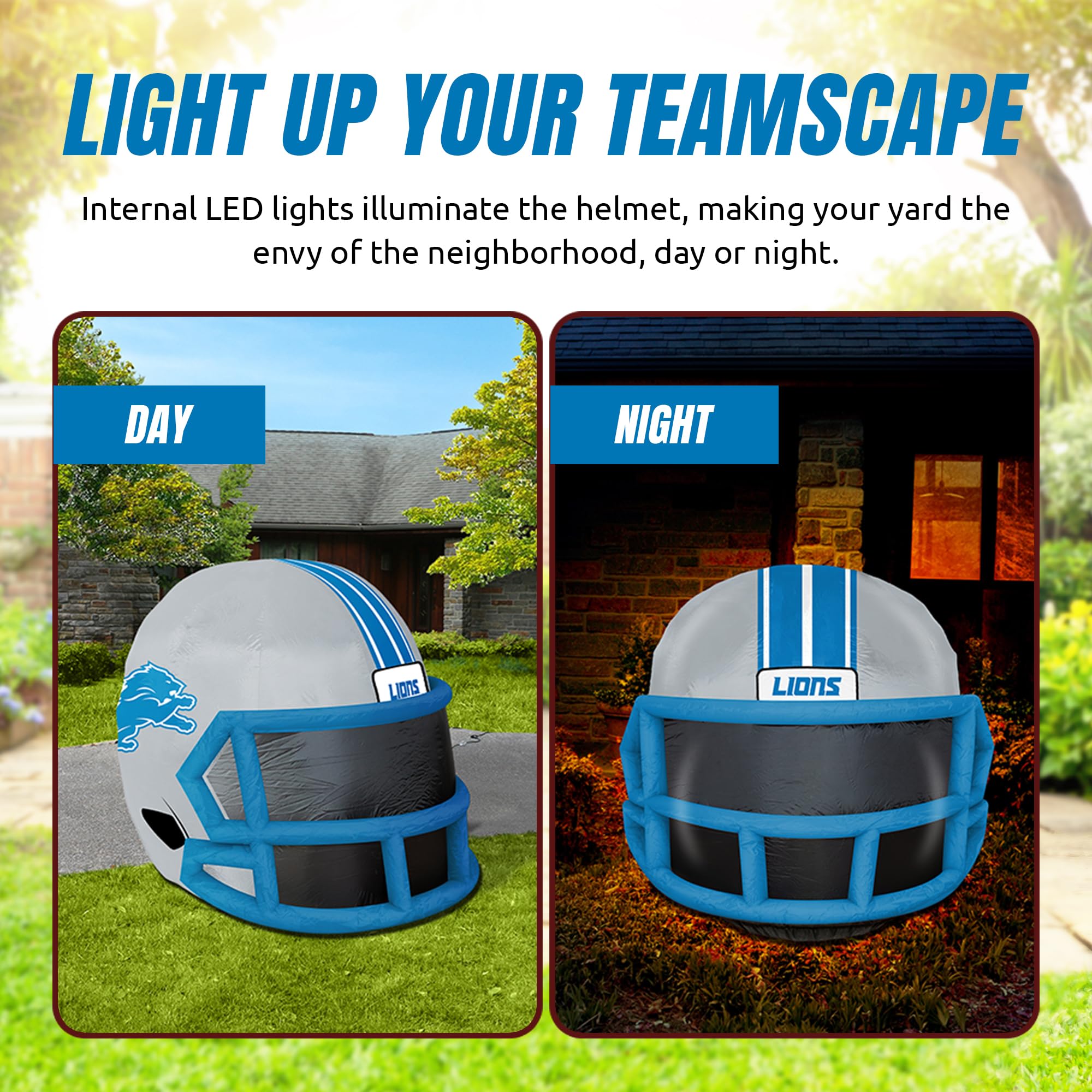 Sporticulture NFL Detroit Lions 4ft Inflatable Helmet with LED Lights & Built-in Blower - Merchandise Decor Ideal for Lawn, Fron