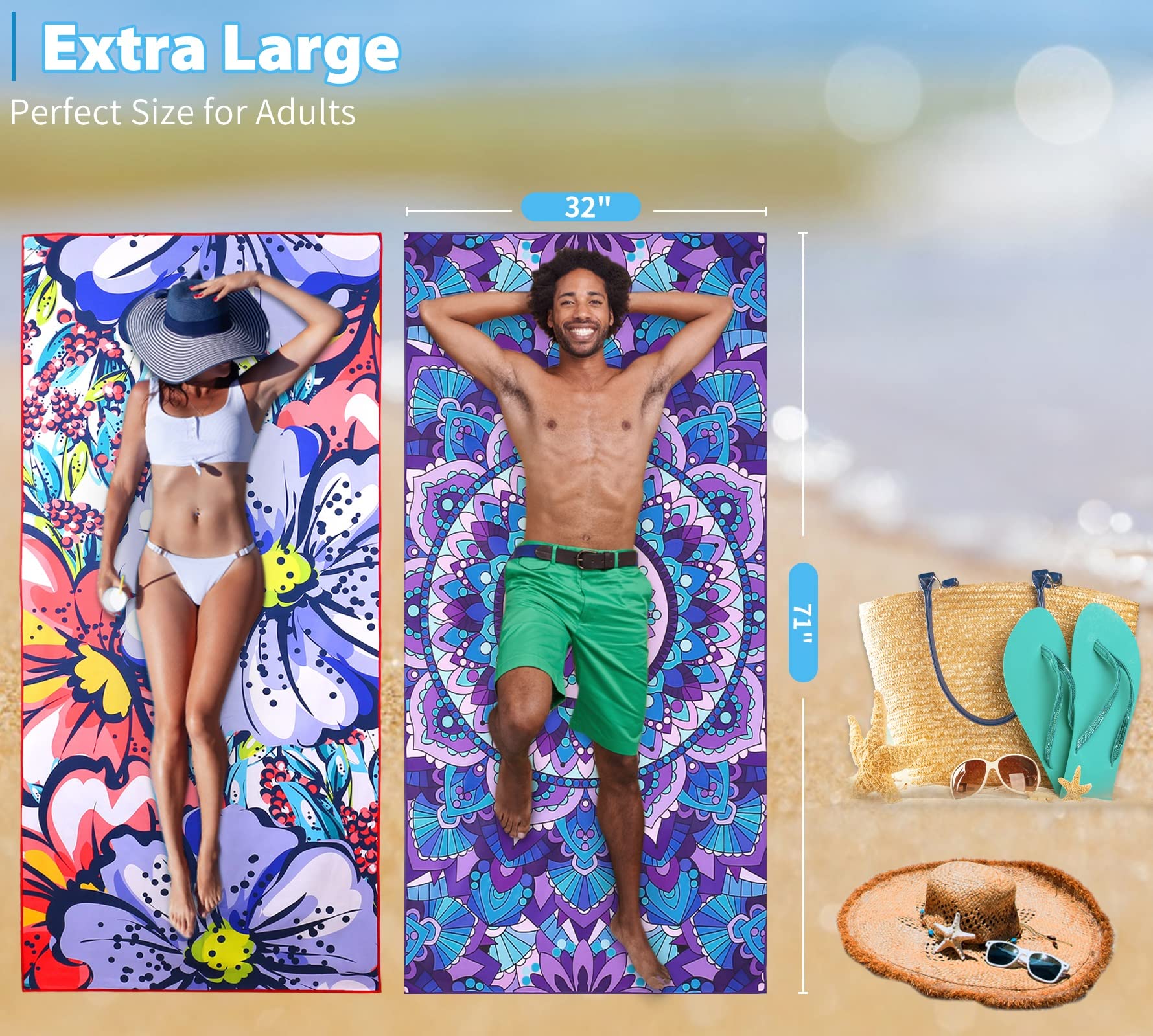 2 Pack Microfiber Oversized Lightweight Beach Towel 71''x32'' XL Extra Large Thin Sand Free Towels Travel Swim Pool Yoga Gym Camping for Adults Women Men Beach Essentials Accessories Vacation Gift
