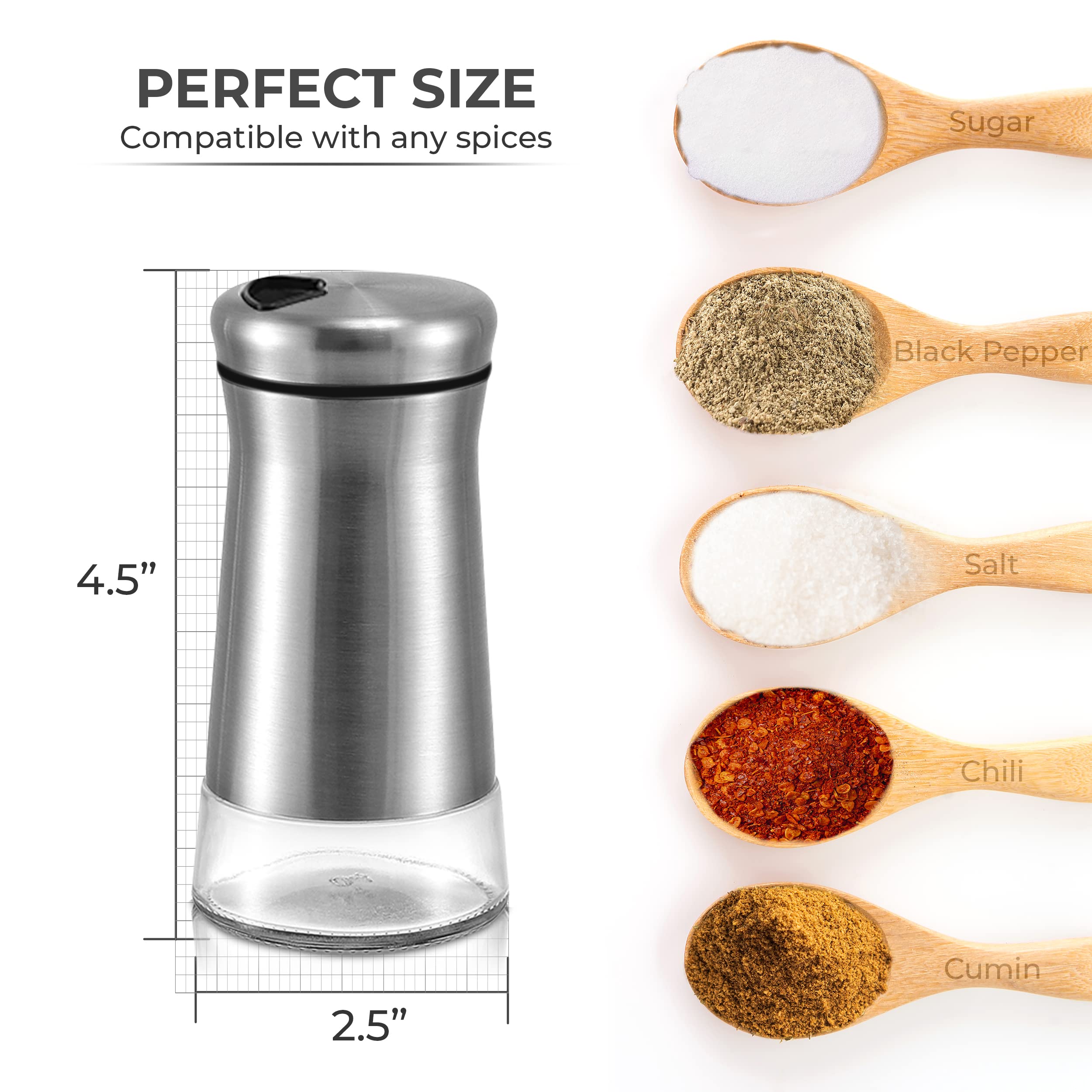 Pepper Shaker Or Salt Shaker With Adjustable Pour Holes - Elegant Stainless Steel Spice Dispenser - Perfect For Himalayan, Table