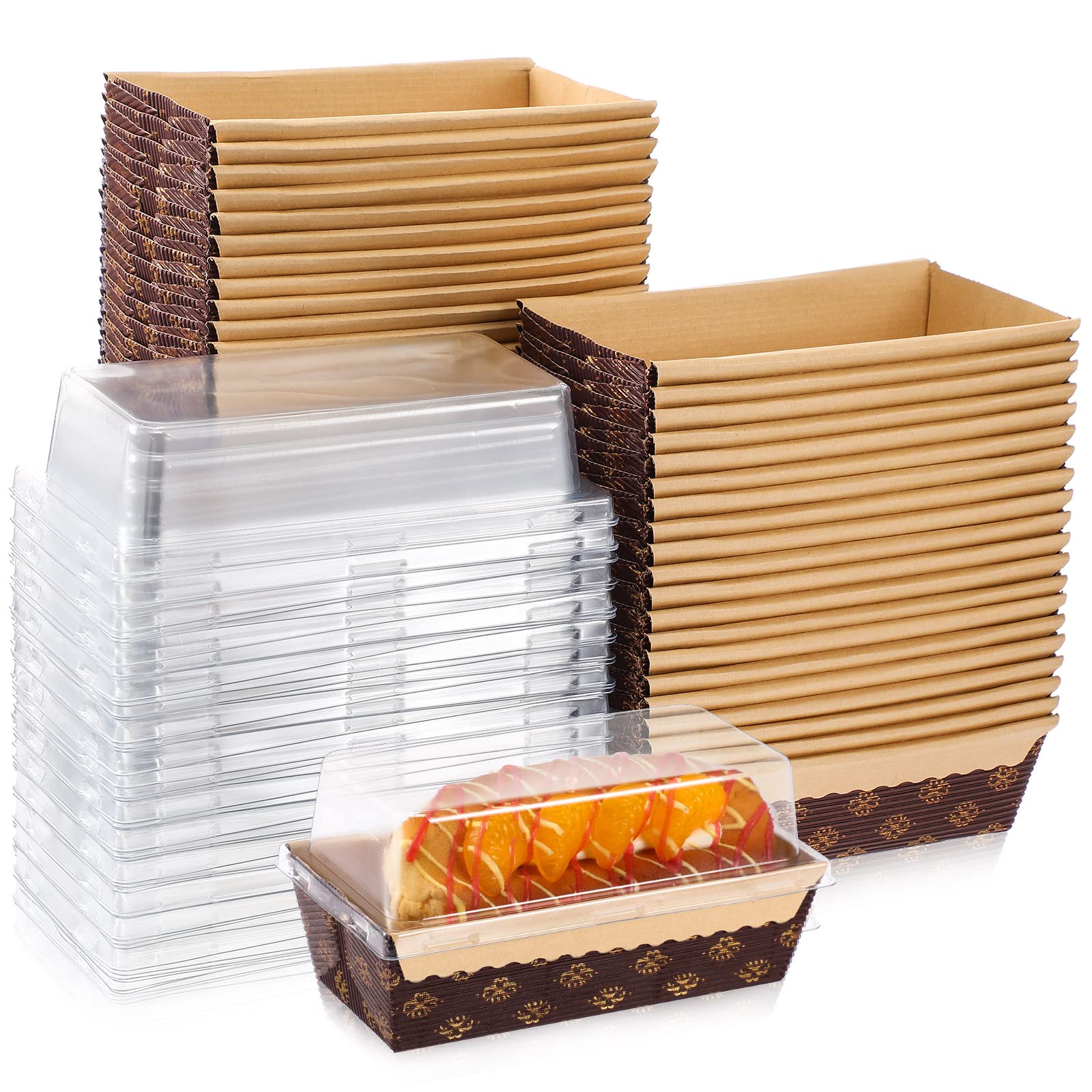 Sabary 50 Pcs Paper Baking Loaf Pan with Lids Disposable Paper Pans Mold for Christmas Winter Birthday Cake Bread Bakery Holiday