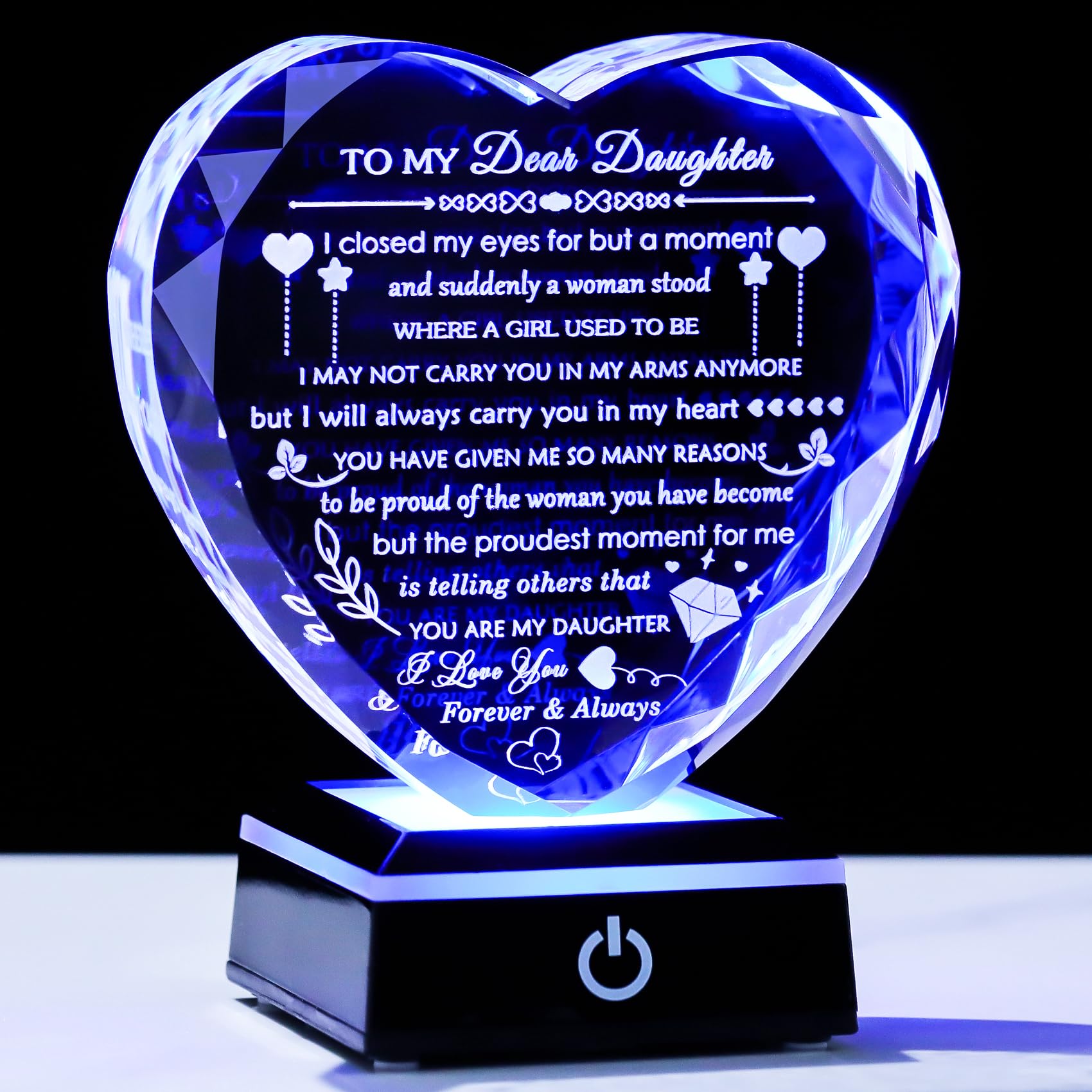 YWHL Gifts for Daughter with Colorful LED Base Best Daughter Birthday Gifts from Mom Dad Heart Crystal to My Daughter Gift on Ch