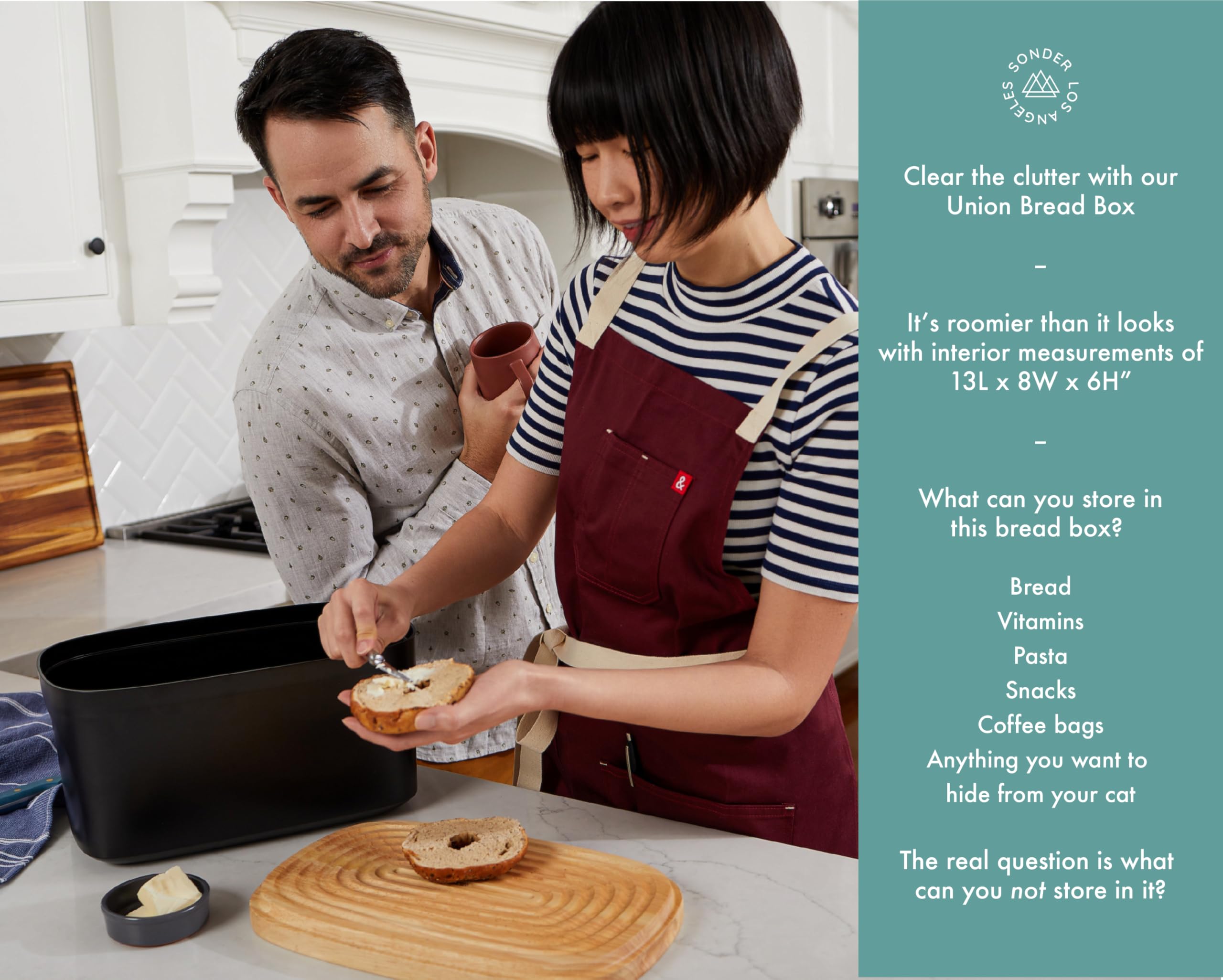 Sonder Los Angeles, Modern Bamboo Fiber (Black) Bread Box For Kitchen Countertop With Reversible Wood Serving Lid, Homemade Brea
