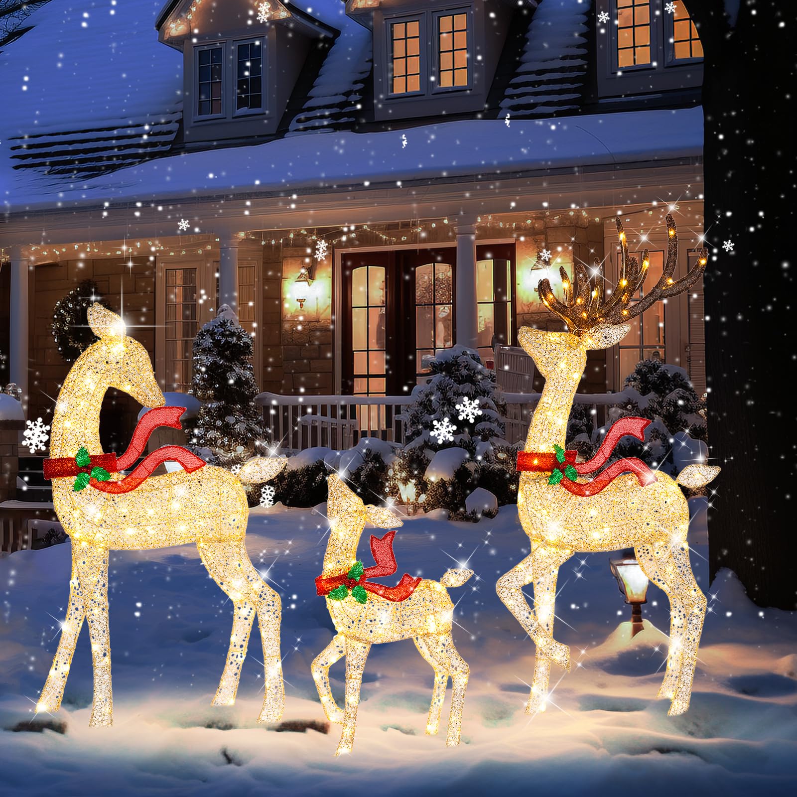 62Inch Reindeer Christmas Decoration Outdoor, 3-Piece Lighted Christmas Deer Family Set with 200 LED Warm White Lights for Yard 