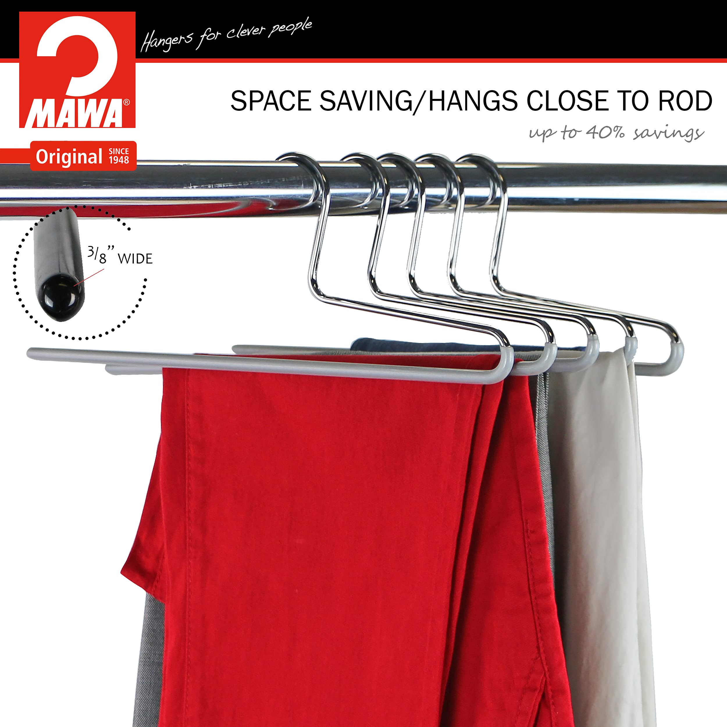 Mawa by Reston Lloyd Trouser Series Non-Slip Space-Saving Clothes Hanger with Single Rod for Pants  Style KH/1  Set of 10  Silver