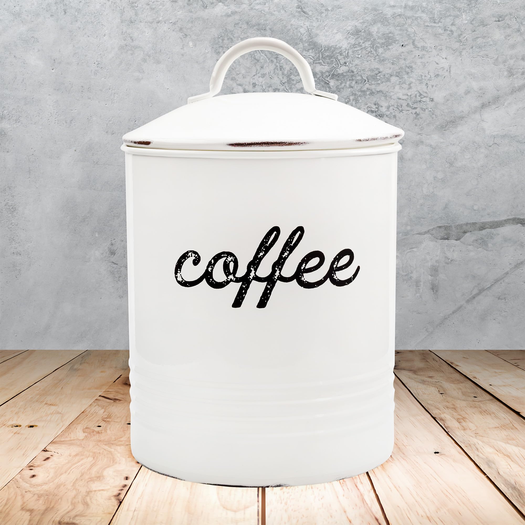 Auldhome Enamelware White Coffee Canister; Rustic Distressed Style Tea Storage For Kitchen