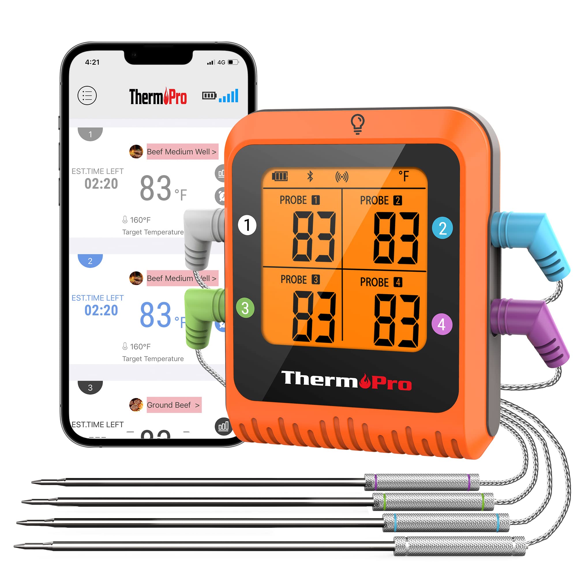 Thermopro Tp930 650Ft Wireless Meat Thermometer, Bluetooth Meat Thermometer With 4 Color-Coded Meat Probes, Grill Thermometer Wi