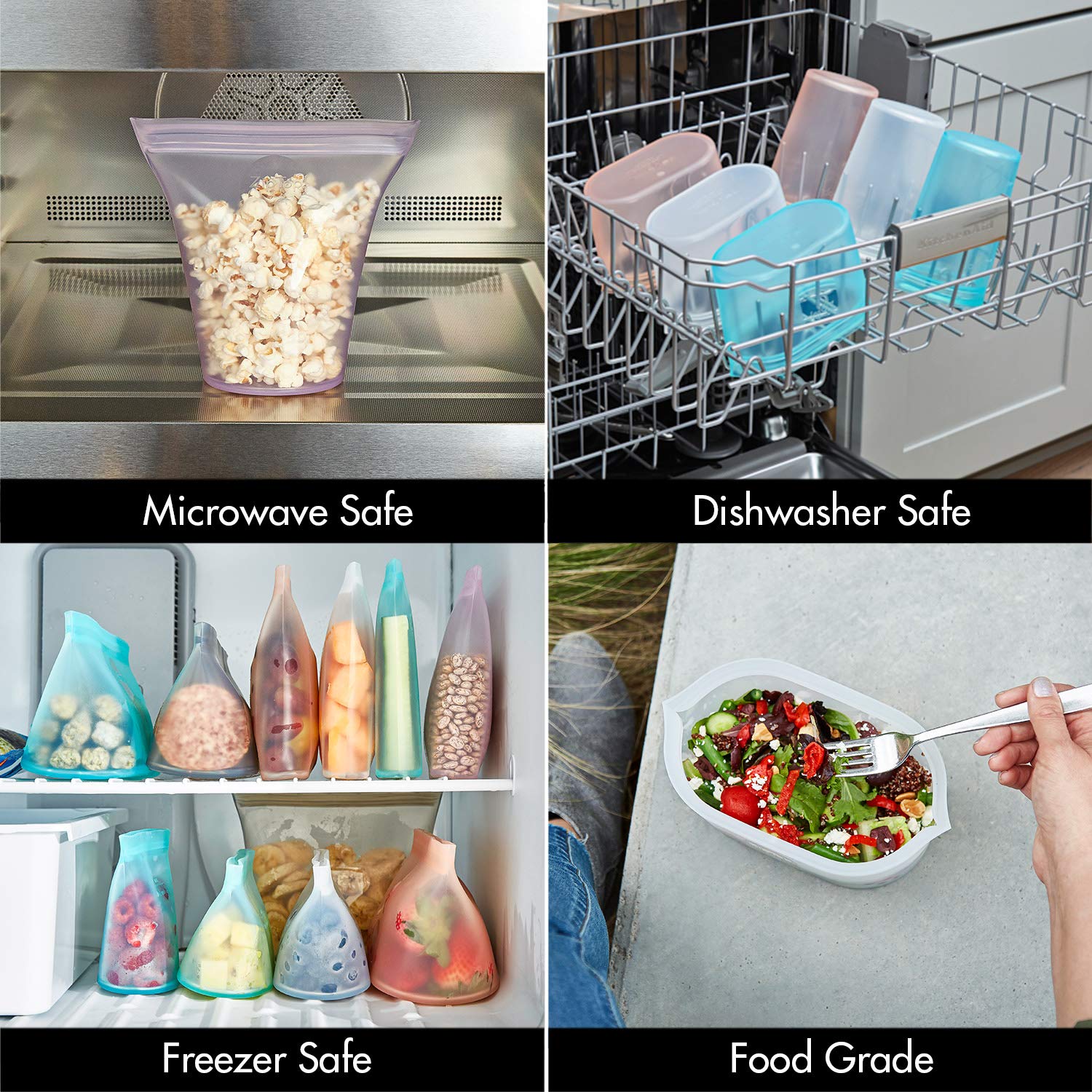 Zip Top Reusable Food Storage Bags | 3 Dish Set [Lavender] | Silicone Meal Prep Container | Microwave, Dishwasher And Freezer Sa