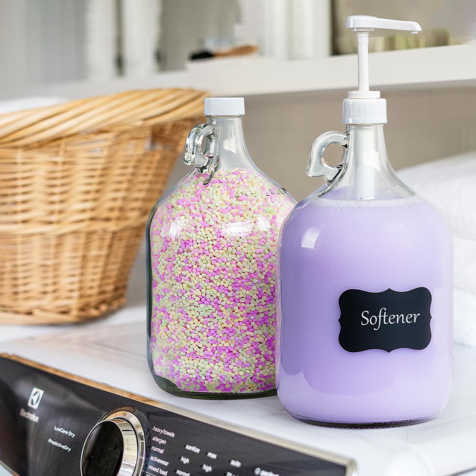 2 Pack Gallon Glass Pump Bottle Dispensers With 3 Pumps And 2 Airtight Lids, Laundry Soap Dispensers With 1 Funnel, Liquid Laund