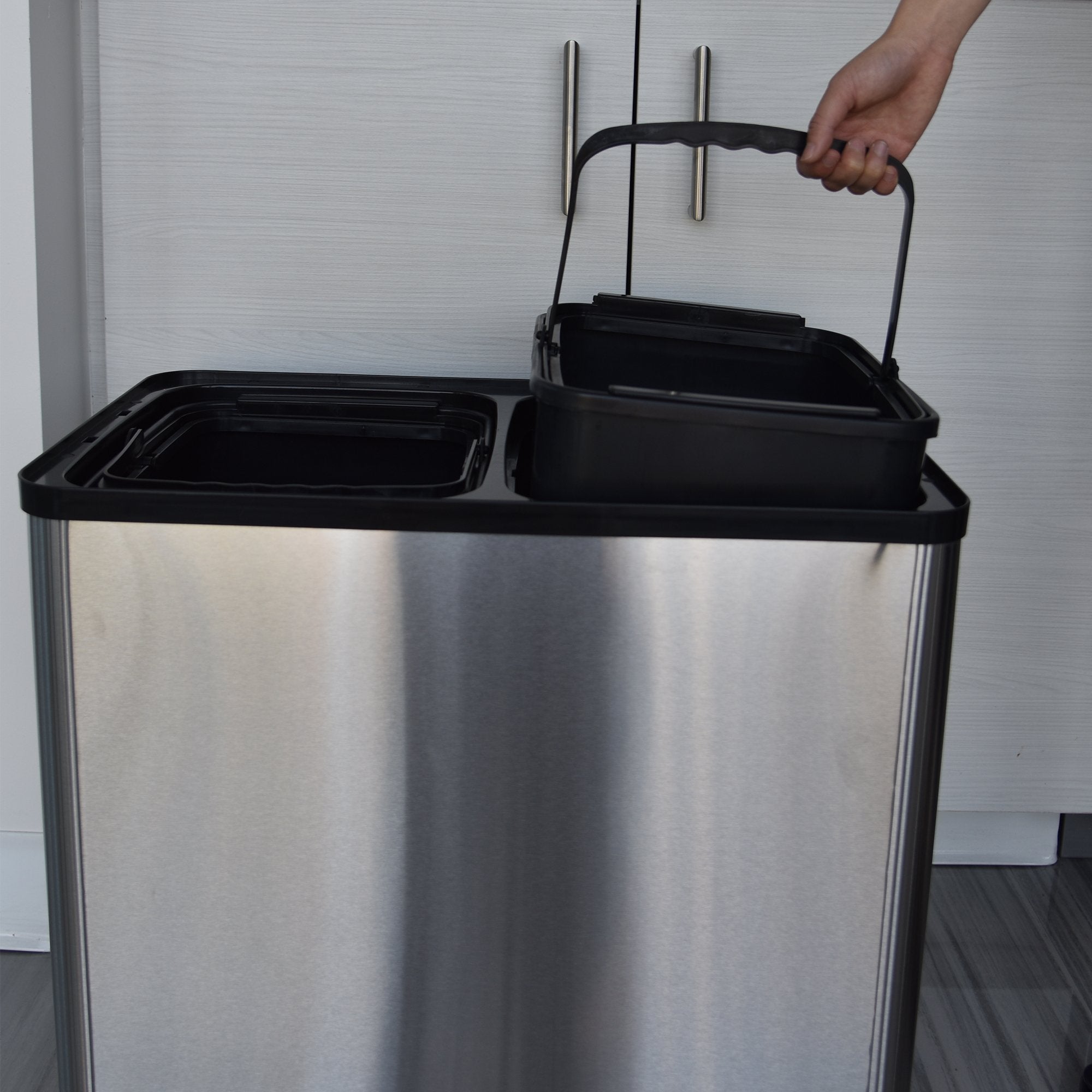 Itouchless 16 Gallon Touchless Sensor Kitchen Trash Can And Recycle Bin With Wheels, 60 Liter Stainless Steel Dual-Compartment (