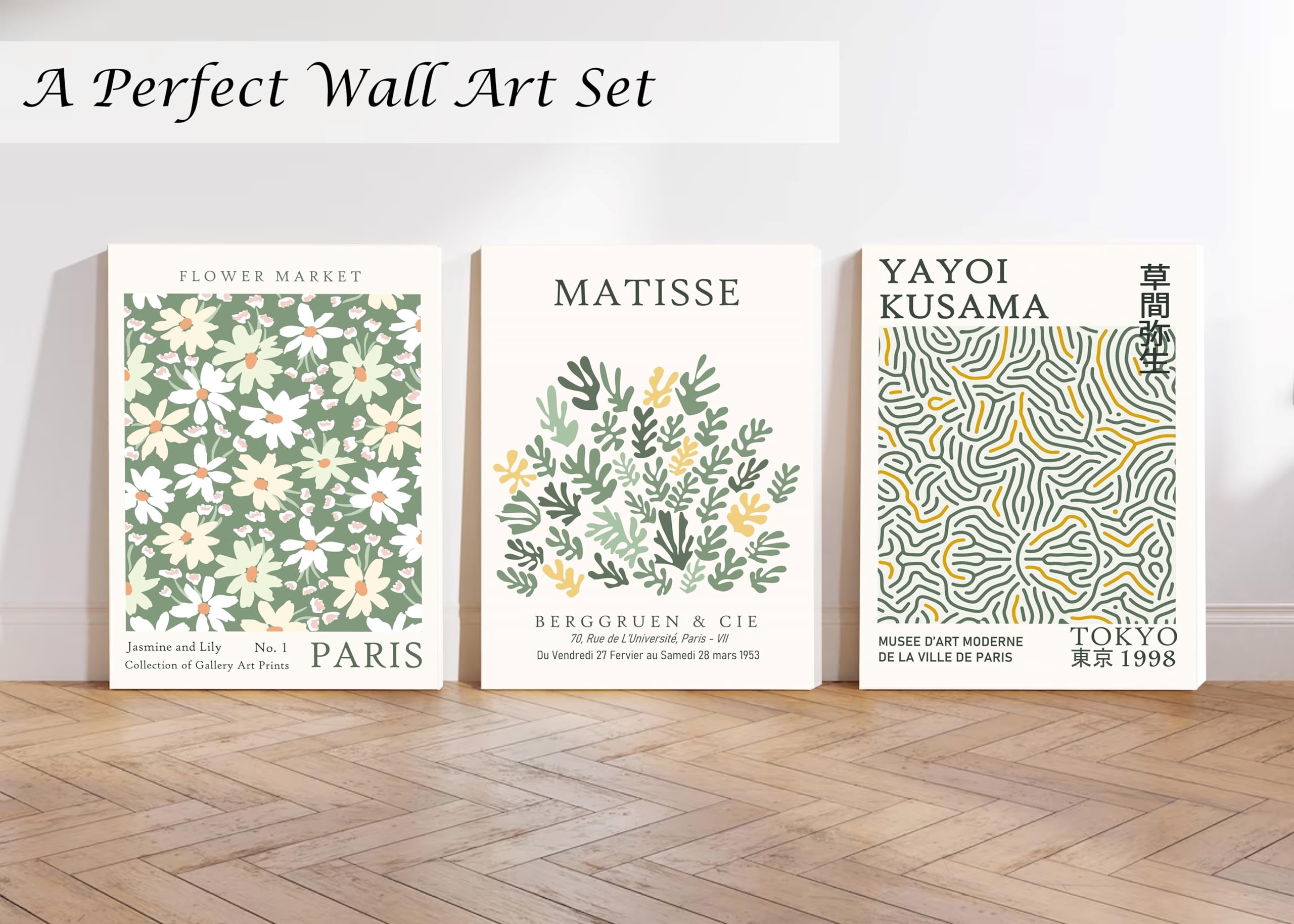 Induslyfe Large Framed Green Wall Art Canvas Decor Set Of 3, Matisse Wall Art Framed Prints Poster Mid Century Modern Art, Aesth