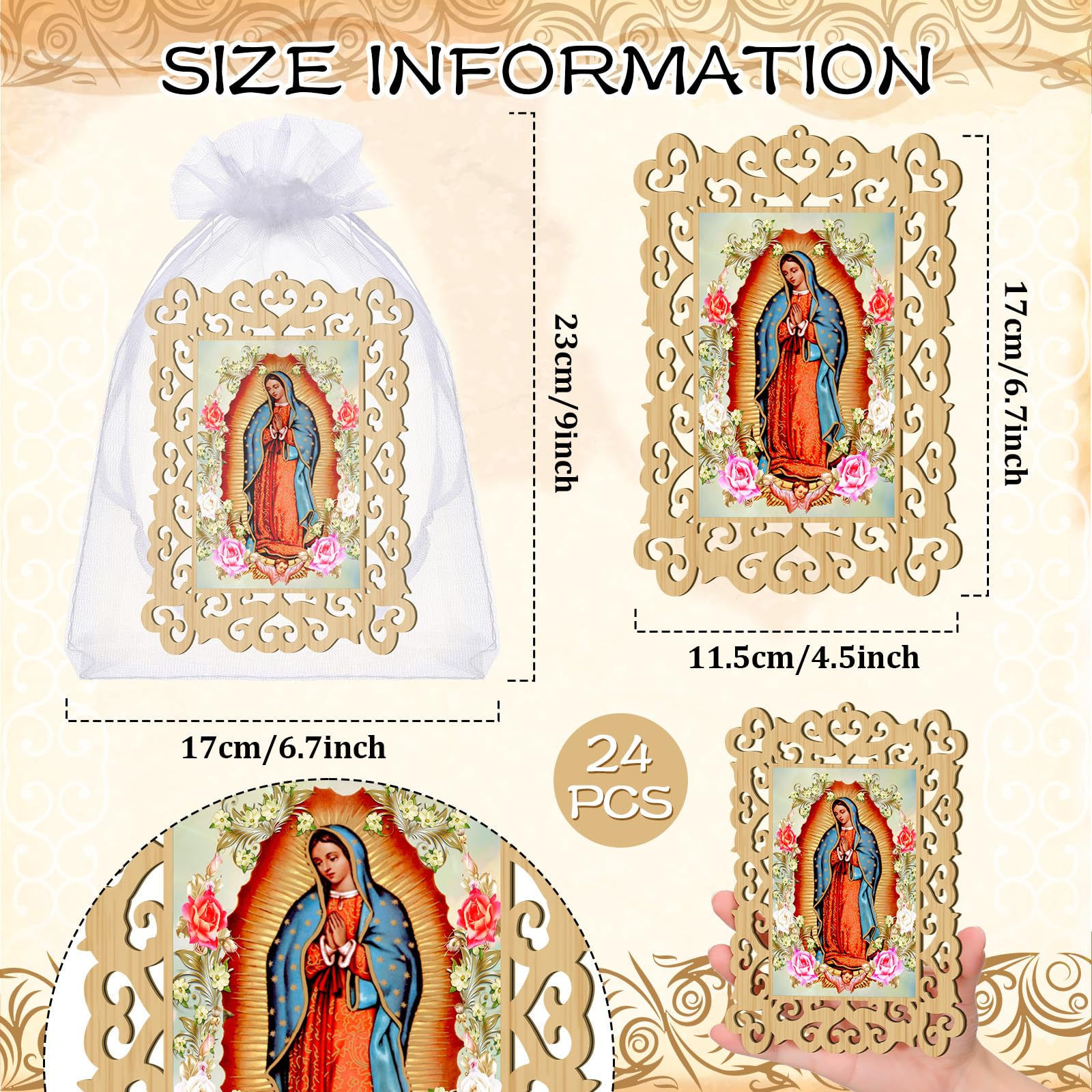 Quelay 24 Pcs Our Lady of Guadalupe Wooden Picture Frames with Organza Gift Bags Baptism Favors for Guests First Communion Chris