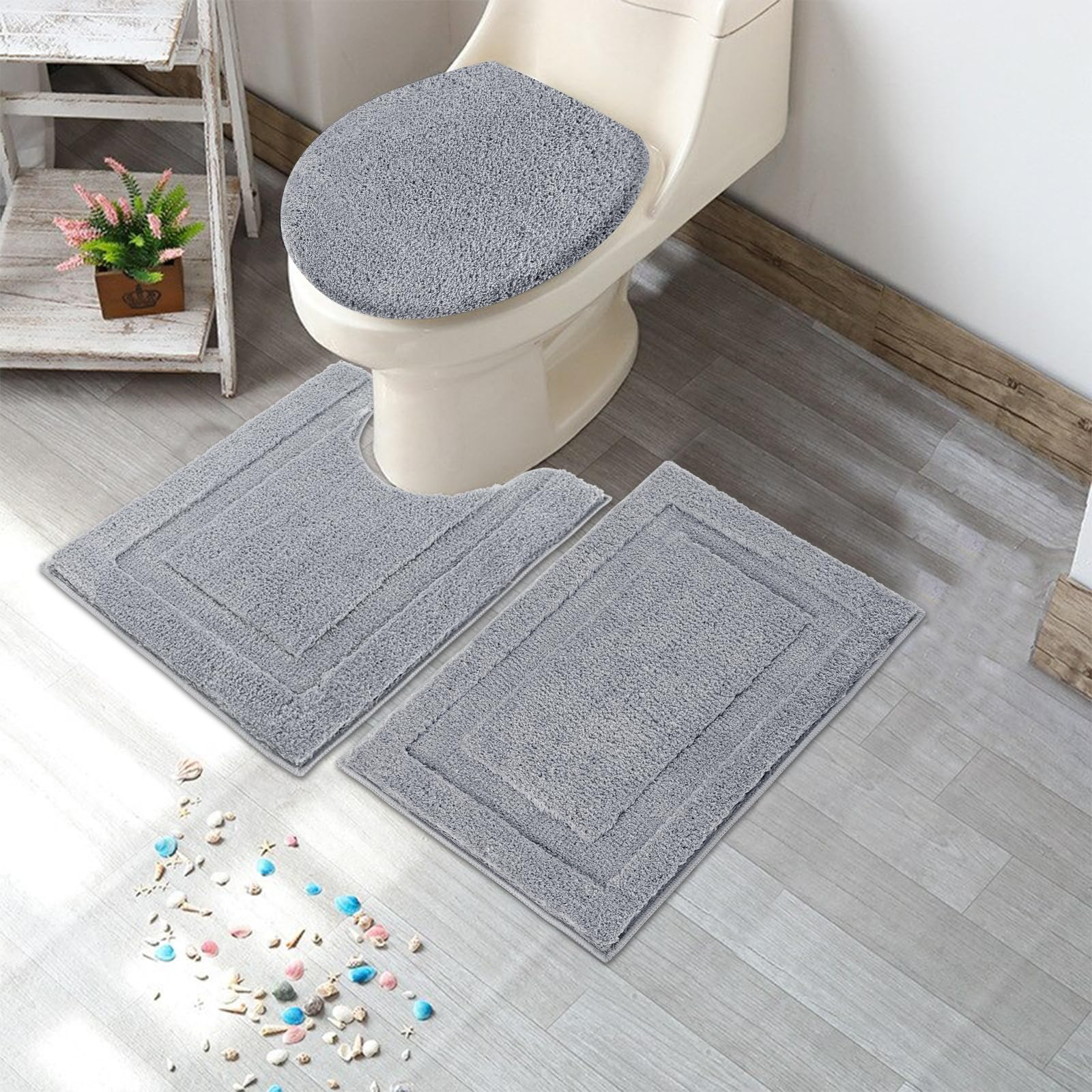 Shacos Micorfiber Bathroom Rugs Set Of 3 Pieces Small Bath Mats 16''X24'' Toilet Lid Cover U Shaped Toilet Rug Set Fluffy Plush