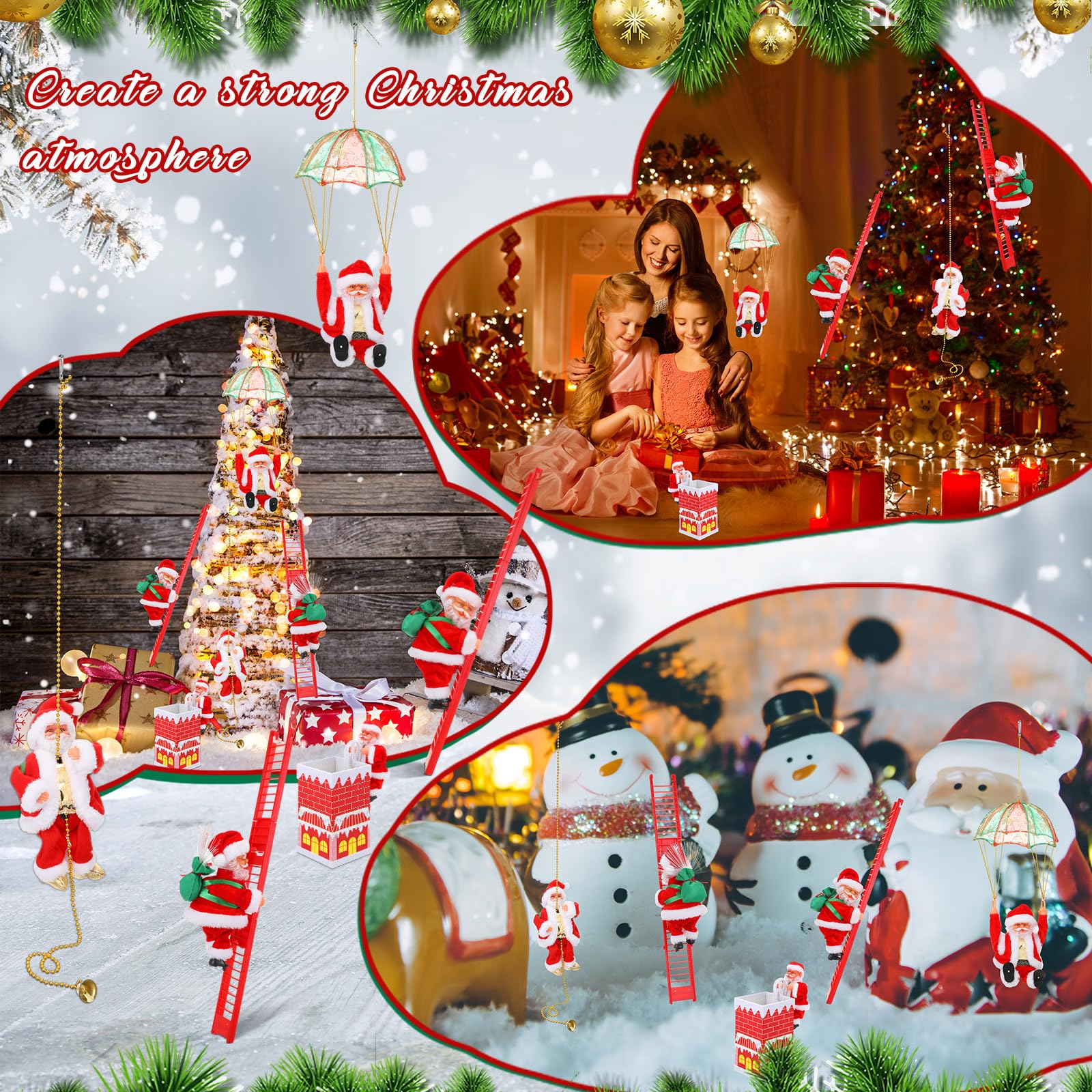 Poen 5 Pcs Electric Climbing Santa Decoration - Santa Claus Climbing Tree Rope Ladder Parachute Somersault Musical Hanging Ornam