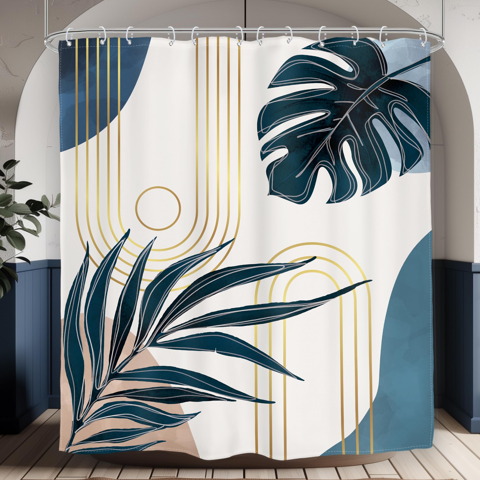 Glawry Boho Navy Blue Shower Curtain Mid Century Abstract Tropical Palm Leaf Modern Minimalist Plant Botanical Bathroom Geometri