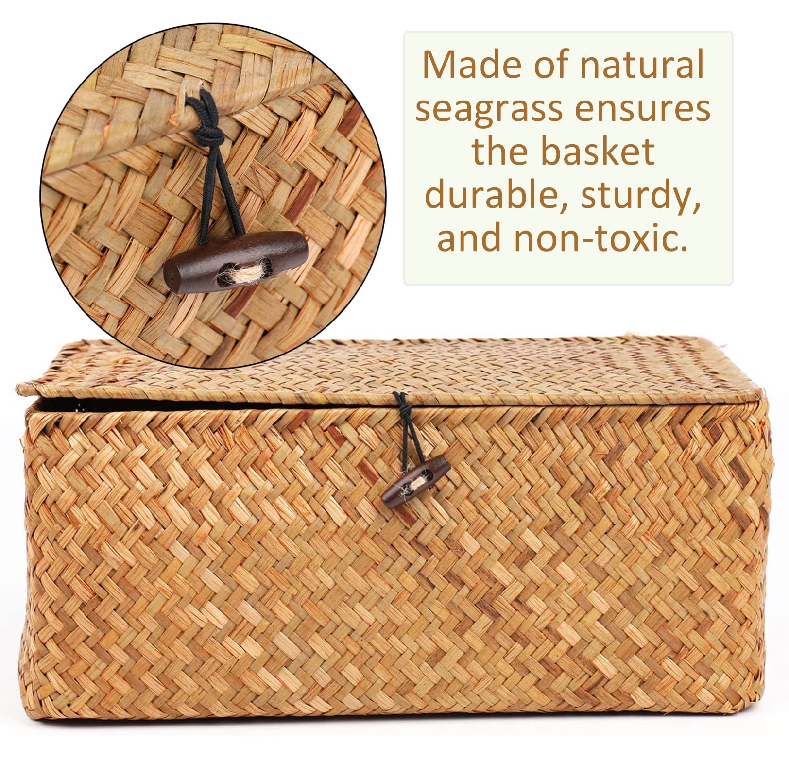 Yesland Handwoven Seagrass Rattan Storage Basket - 11.5'' X 7.5'' X 5'' - Brown Rectangular Makeup Organizer Container With Lid,