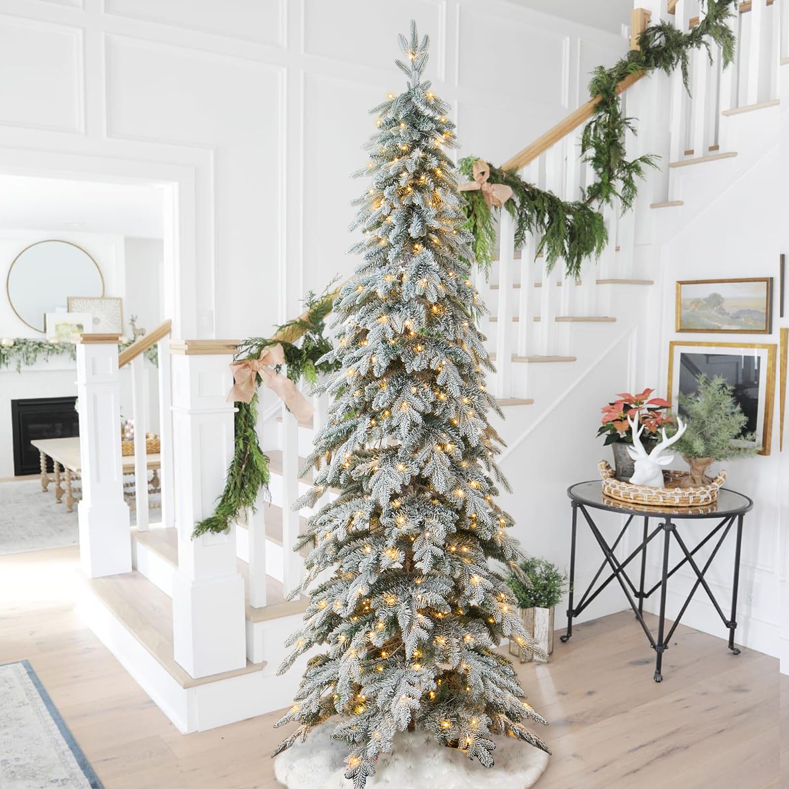Glitzhome 9ft Prelit Christmas Tree, Artificial Christmas Tree with 470 Warm White Lights, Flocked Pencil Christmas Tree Chicago