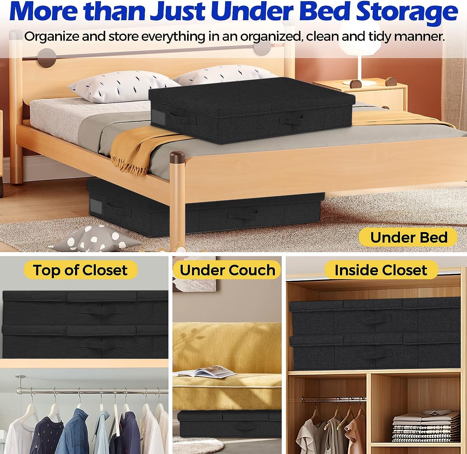 Underbed Storage Containers With Lids, Set of 2 Low Profile Under Crib Storage Bins W/ 3 Handles, Large Sturdy Under Bed Clothes
