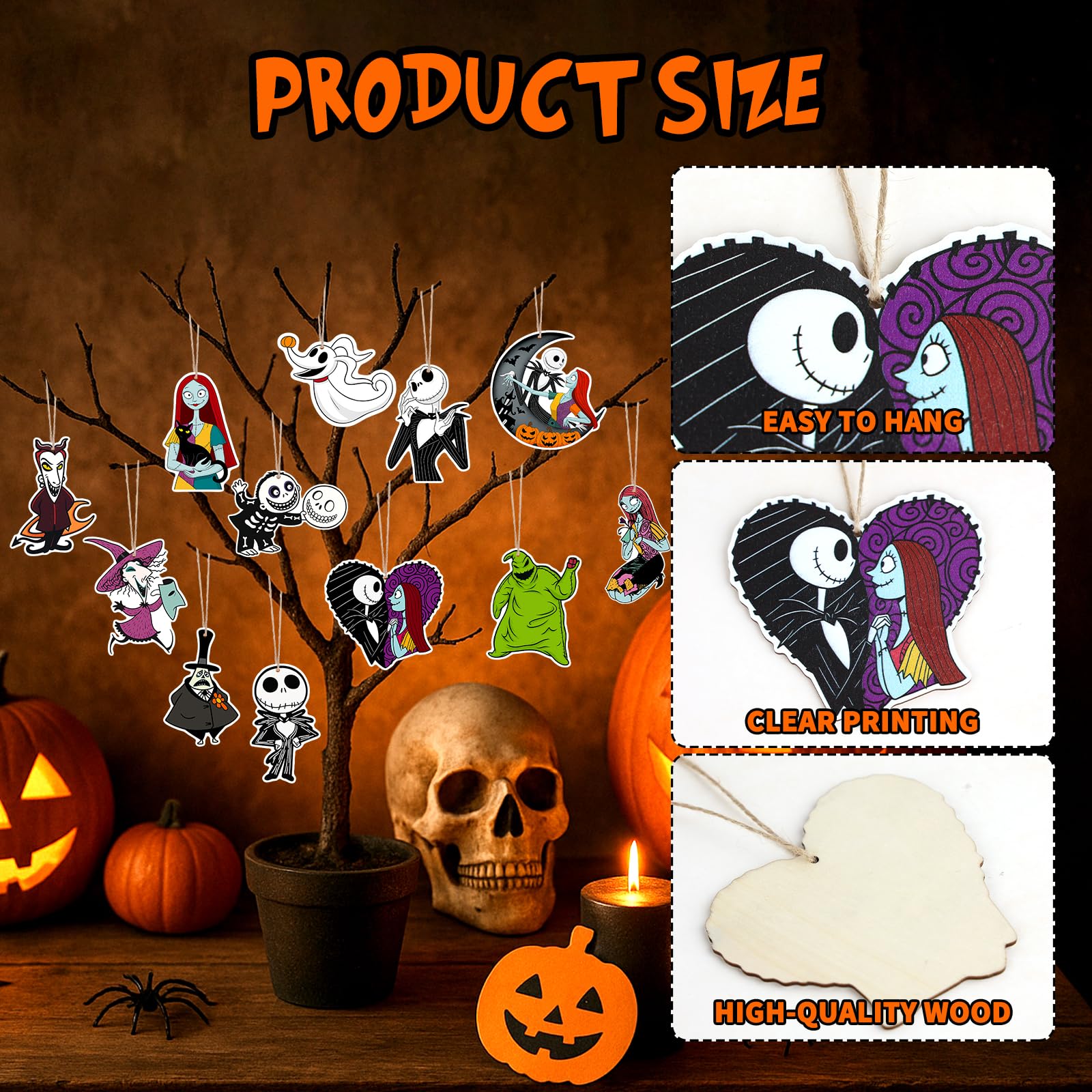 Arosche Halloween Christmas Nightmare Tree Decorations Wooden Hanging Tree Ornaments 24Pcs Happy Halloween Nightmare Themed Wood