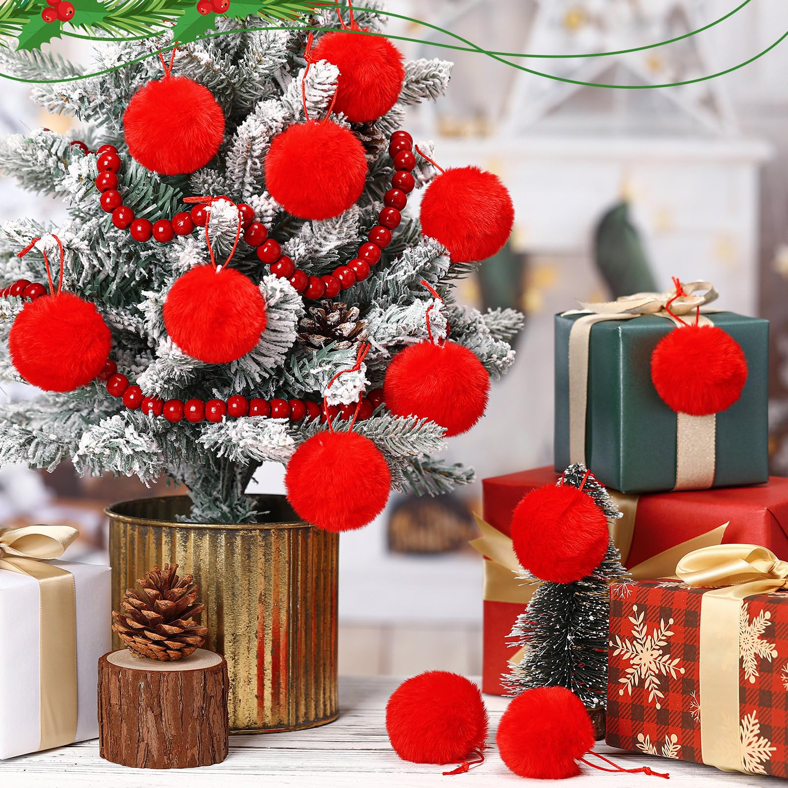Gejoy 12 Pcs Red Furry Christmas Ball Ornaments for Xmas Tree Red Christmas Hanging Decorations Soft Faux Fur Pom Pom Ball Ornam