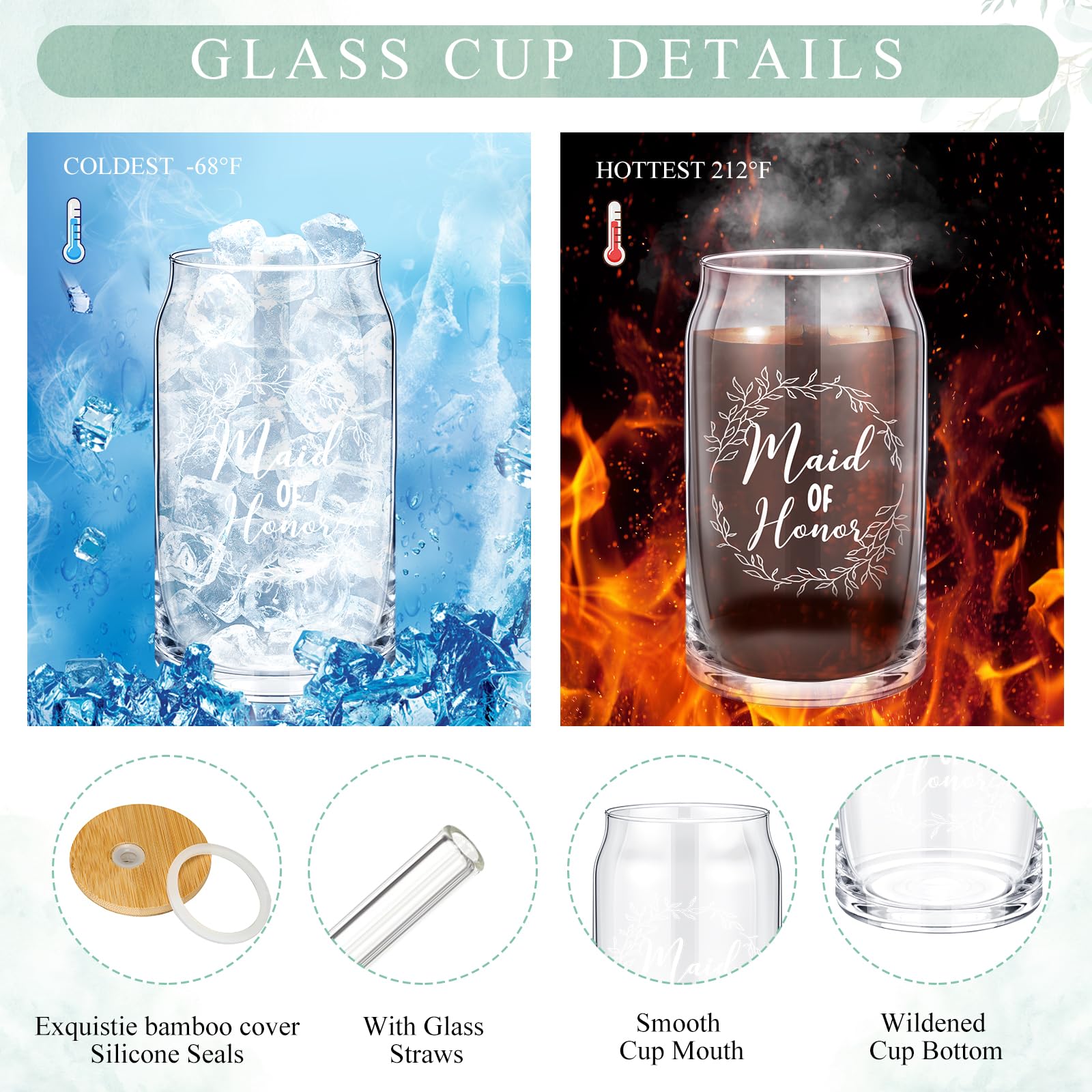 Inbagi Maid of Honor Gifts Box Set of 5 Includes Glass Cup with Lid and Straw Makeup Bag Sage Scented Candle Wedding Invitation