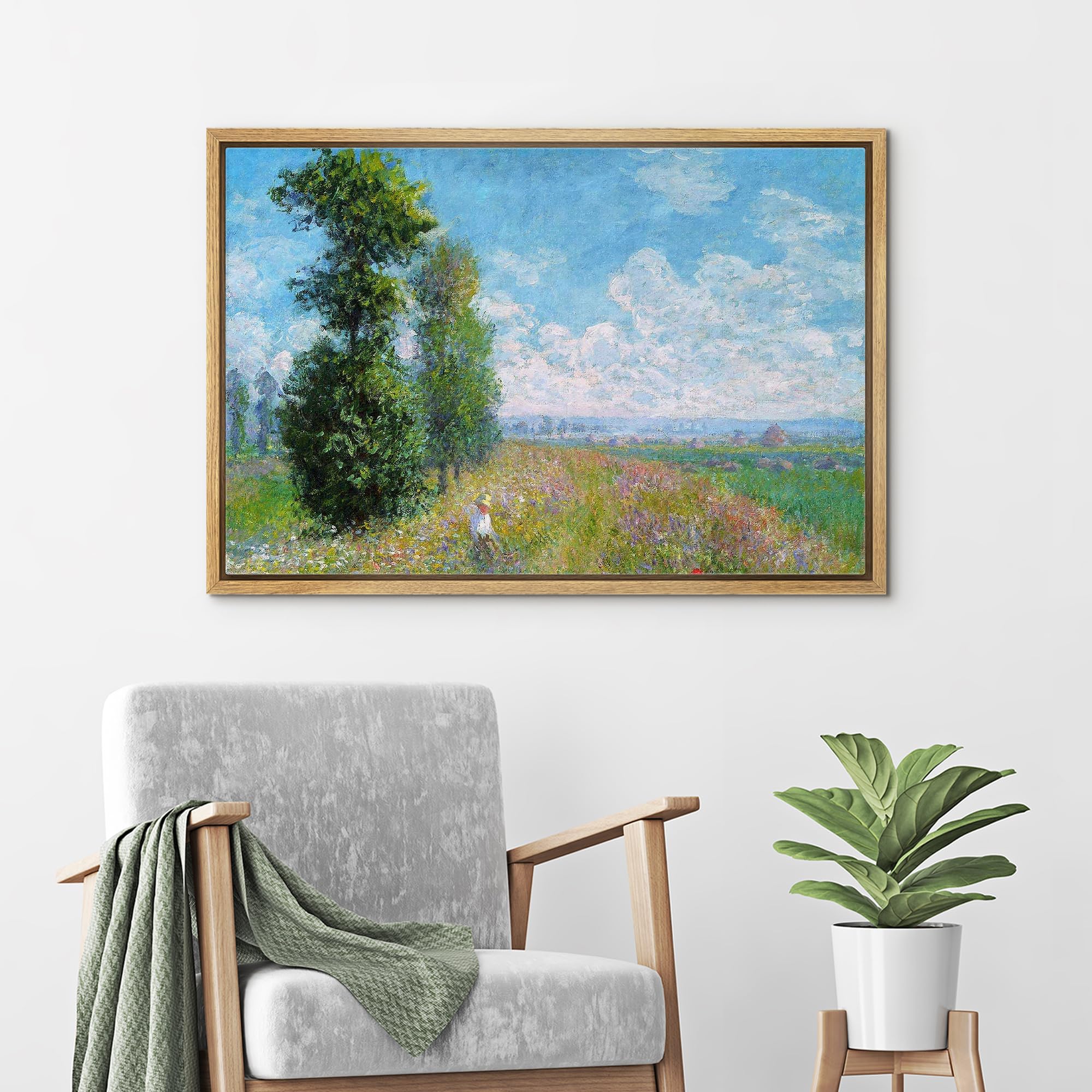 Wall26 Meadow With Poplars By Claude Monet - Impressionist Modern Art - Framed Canvas Art Home Art - 24''X36'' Natural