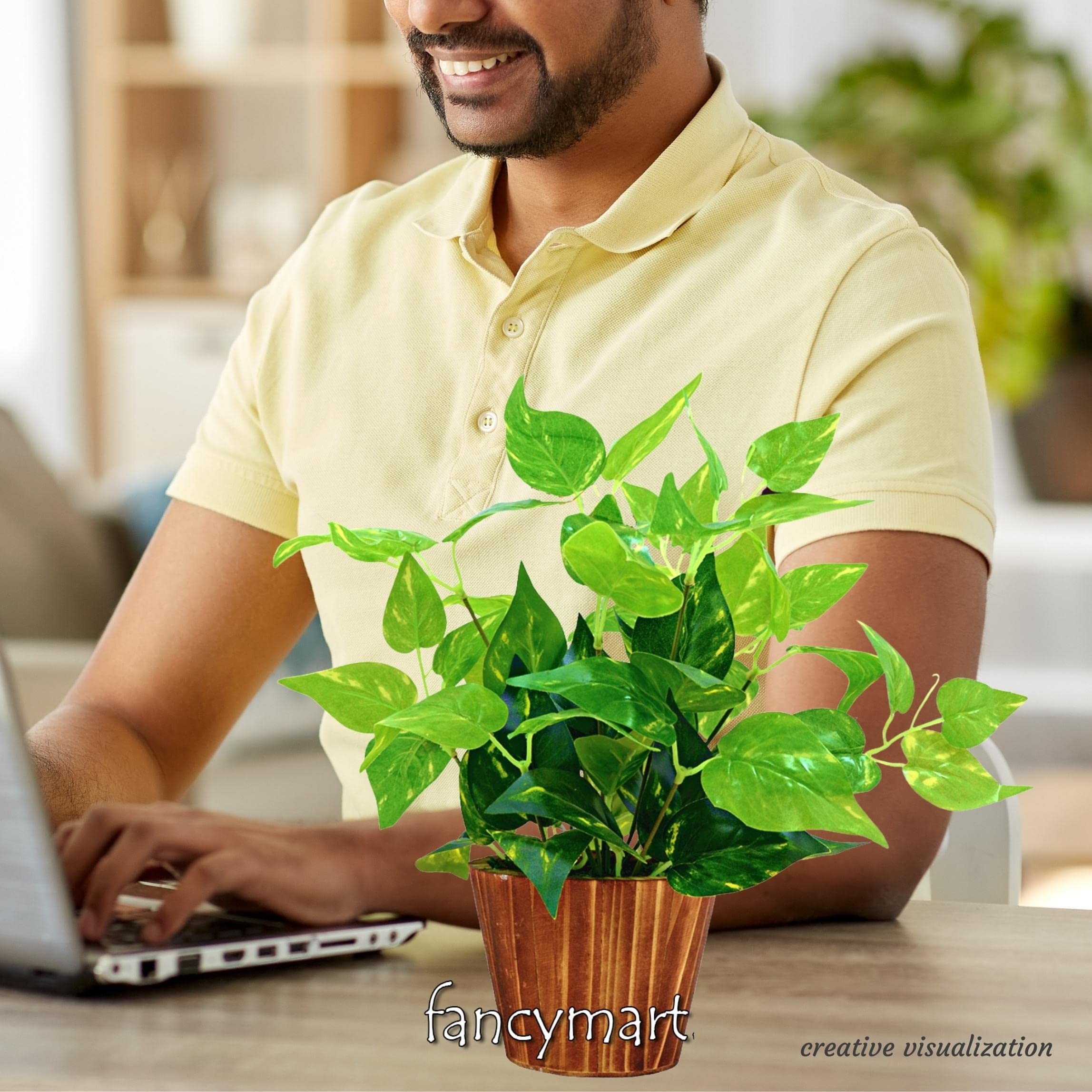 fancymart Artificial Money Plant Leaves in Wood Pot Pefect Decoration for Home & Office Space