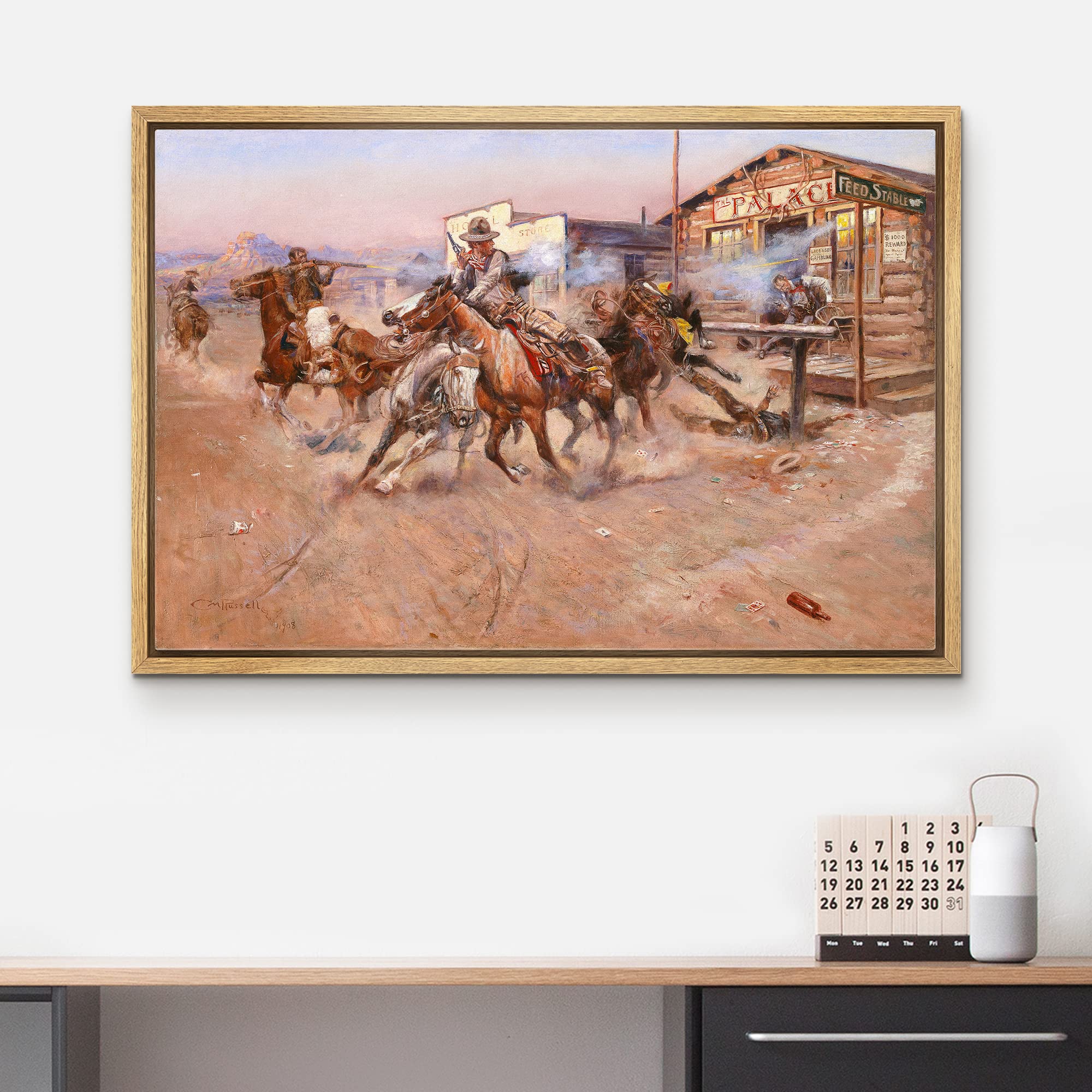 Wall26 - Smoke By Charles Marion Russell - Framed Canvas Print Wall Art Famous Painting Reproduction - 16''X24'' Natural