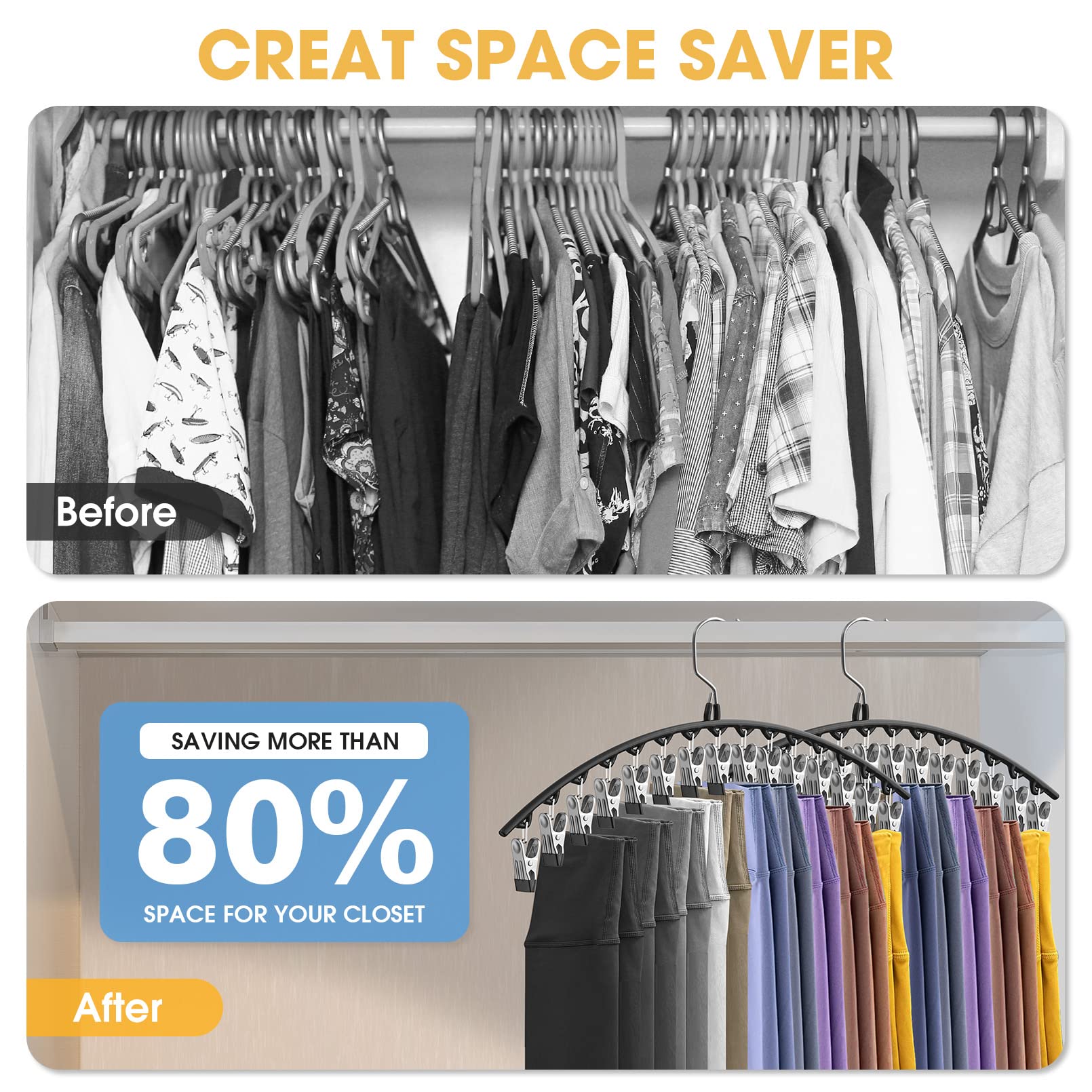 Upgrade Skirt Pants Hangers With Clips, Legging Organizer For Closet Hanging With 15 Cilps Holds 30 Leggings/Shorts/Jeans/Skirts