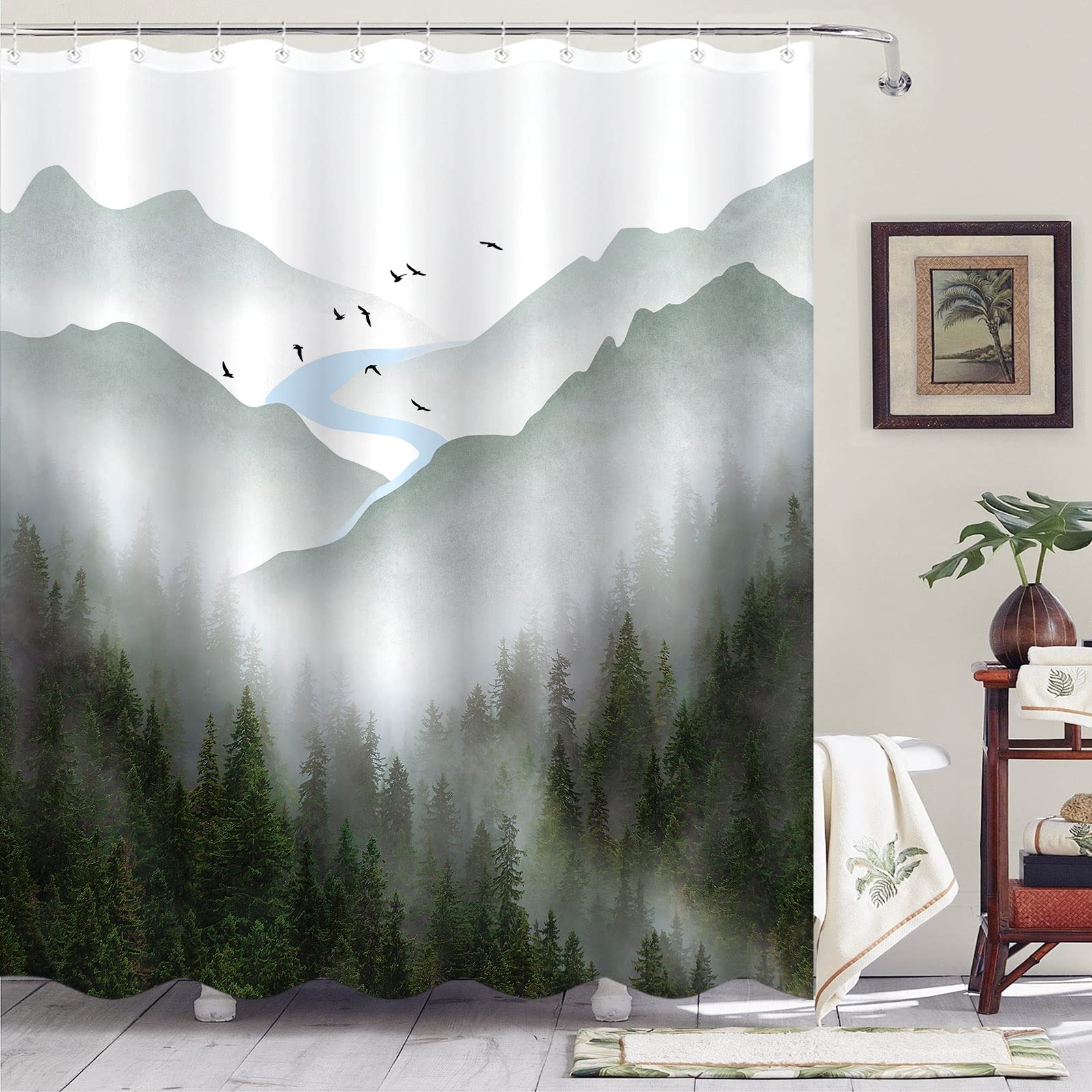 Zussun Green Misty Forest Shower Curtain Nature Foggy Tree Mountain Shower Curtains For Bathroom Waterproof Fabric Woodland Deco