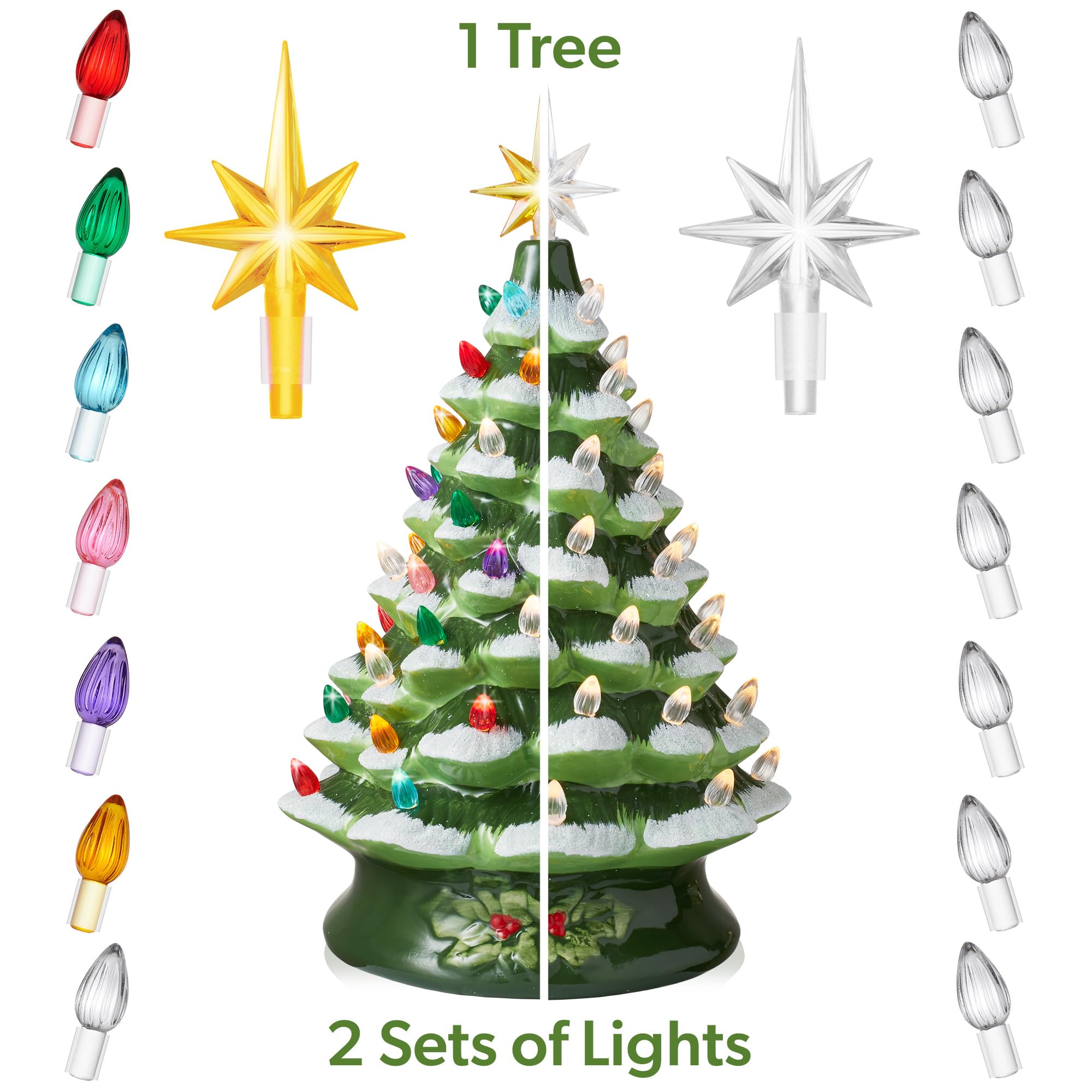 Casafield Hand Painted Ceramic Christmas Tree, Green Snow Flocked 15-Inch Pre-Lit Tree with 128 Multi-Color Lights and 2 Star To