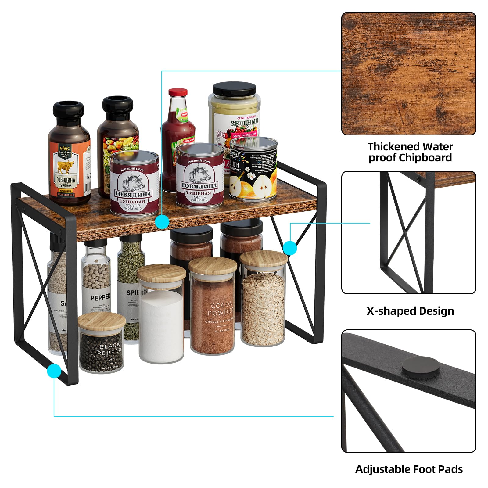 Giikin Countertop Shelf Organizer - Retro Metal Spice Rack, Rustic Brown, 7.8"D x 15.7"W x 9.4"H, Ideal for Kitchen, Pantry, Bathroom