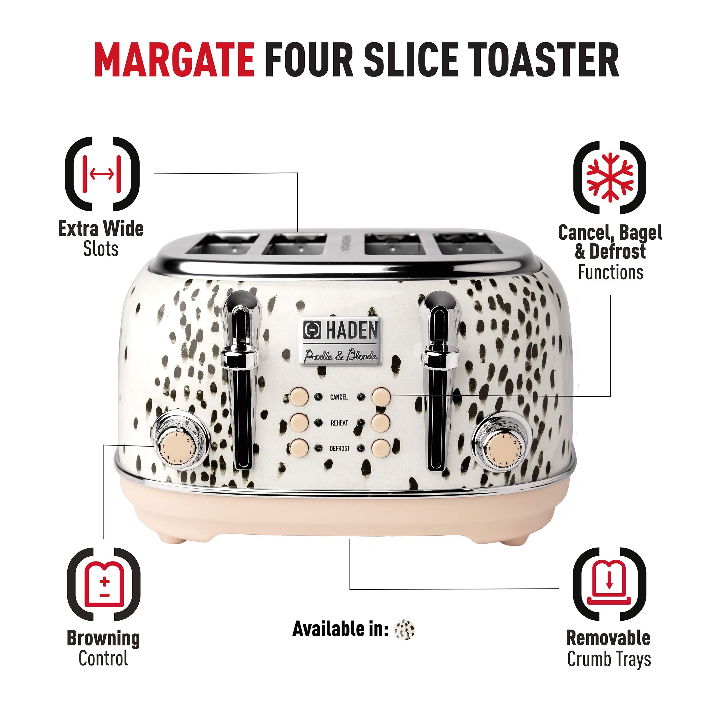 Haden 75024 4-Slice Toaster, Wide Slot With Removable Crumb Tray And Settings, White/Brown Spots/Pink