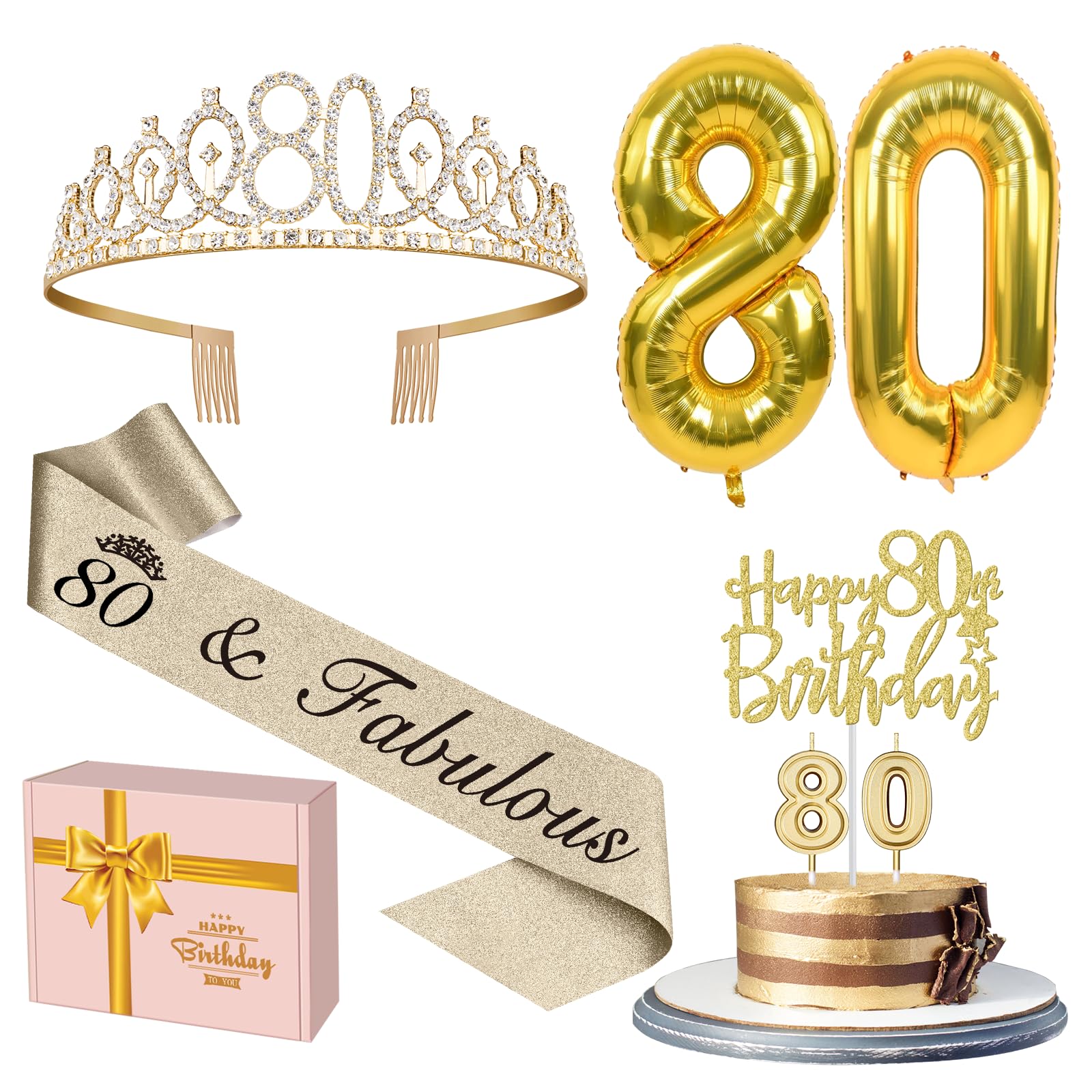 80Th Birthday Decorations For Women Gold With 80Th Birthday Sash And Tiara, 80Th Birthday Cake Topper And Birthday 80 Candles, B