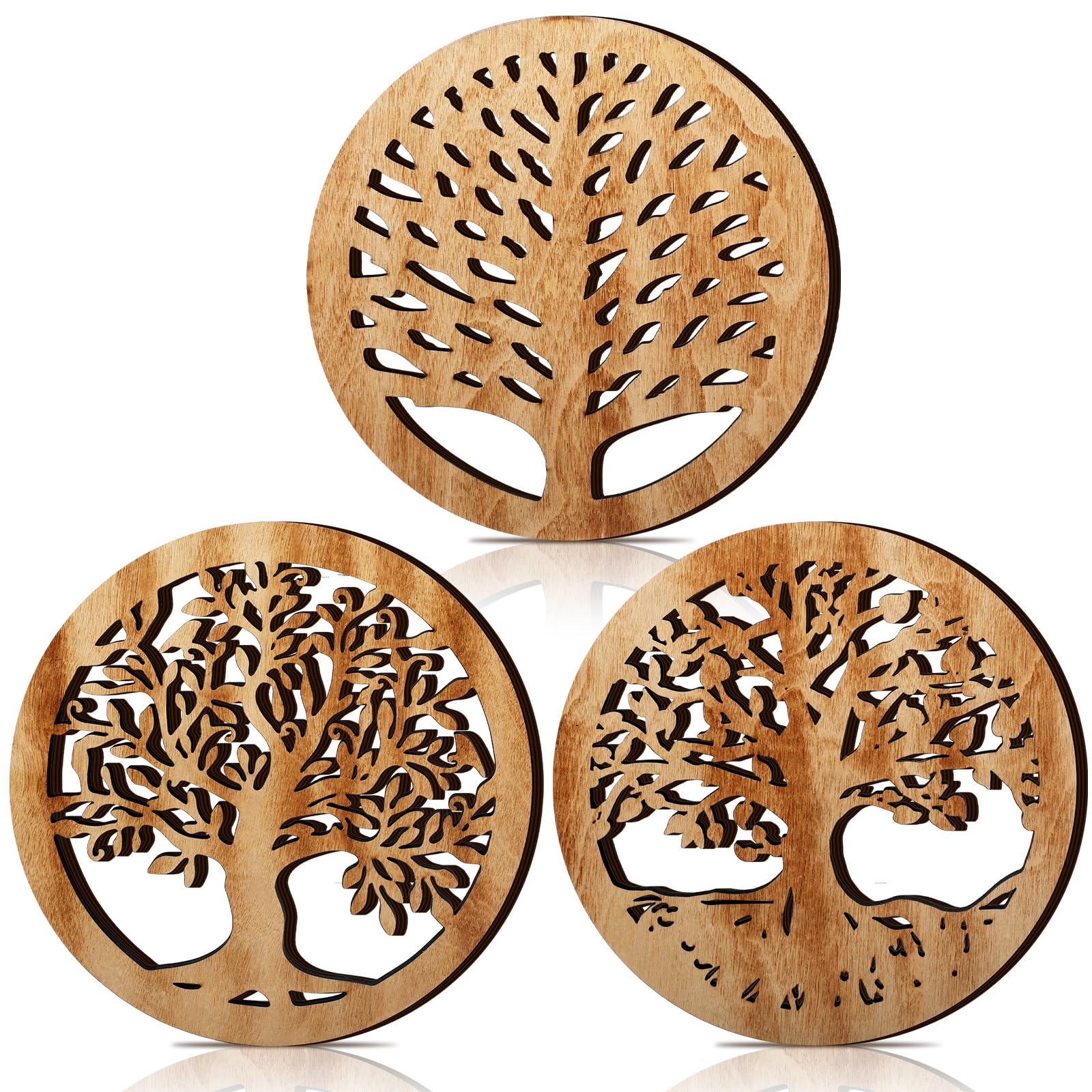 Beeveer 3 Pcs Life Tree Wooden Trivets Round Plates Hot Dishes Trivet Heat Resistant Hot Pan Holder Winter 8 Inch(Light Wood Col