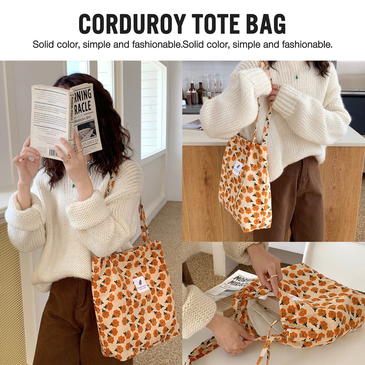 Ndenowomen Tote Bags Grocery Shoulder Bag Corduroy With Inner Pocket For Work Beach Lunch Travel Shopping Shopper Handbags(Orang