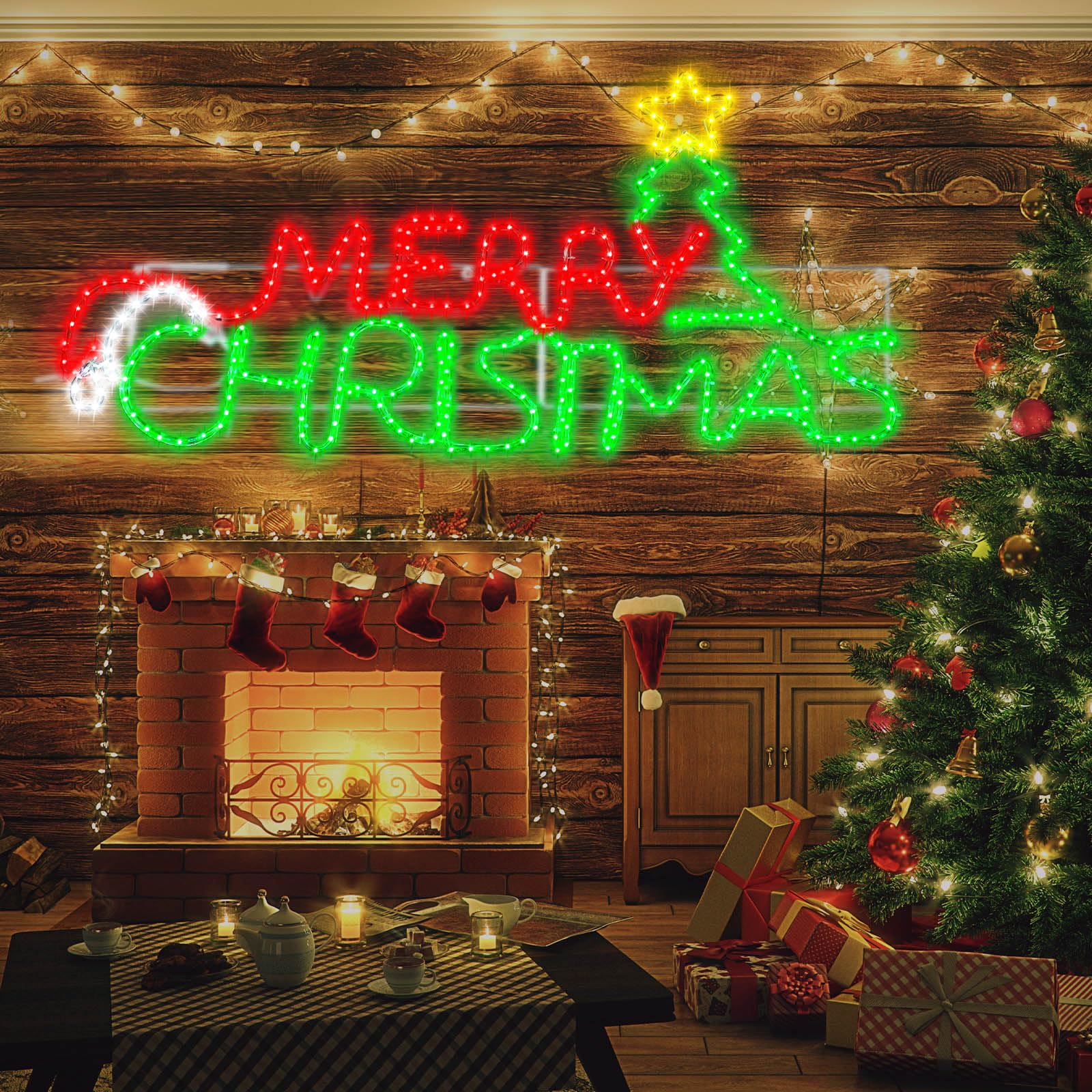 Rossesay Lighted Merry Christmas Sign Decoration Extra Large Green and Red LED Neon Pre Lit Display Outdoor Christmas Yard Decor
