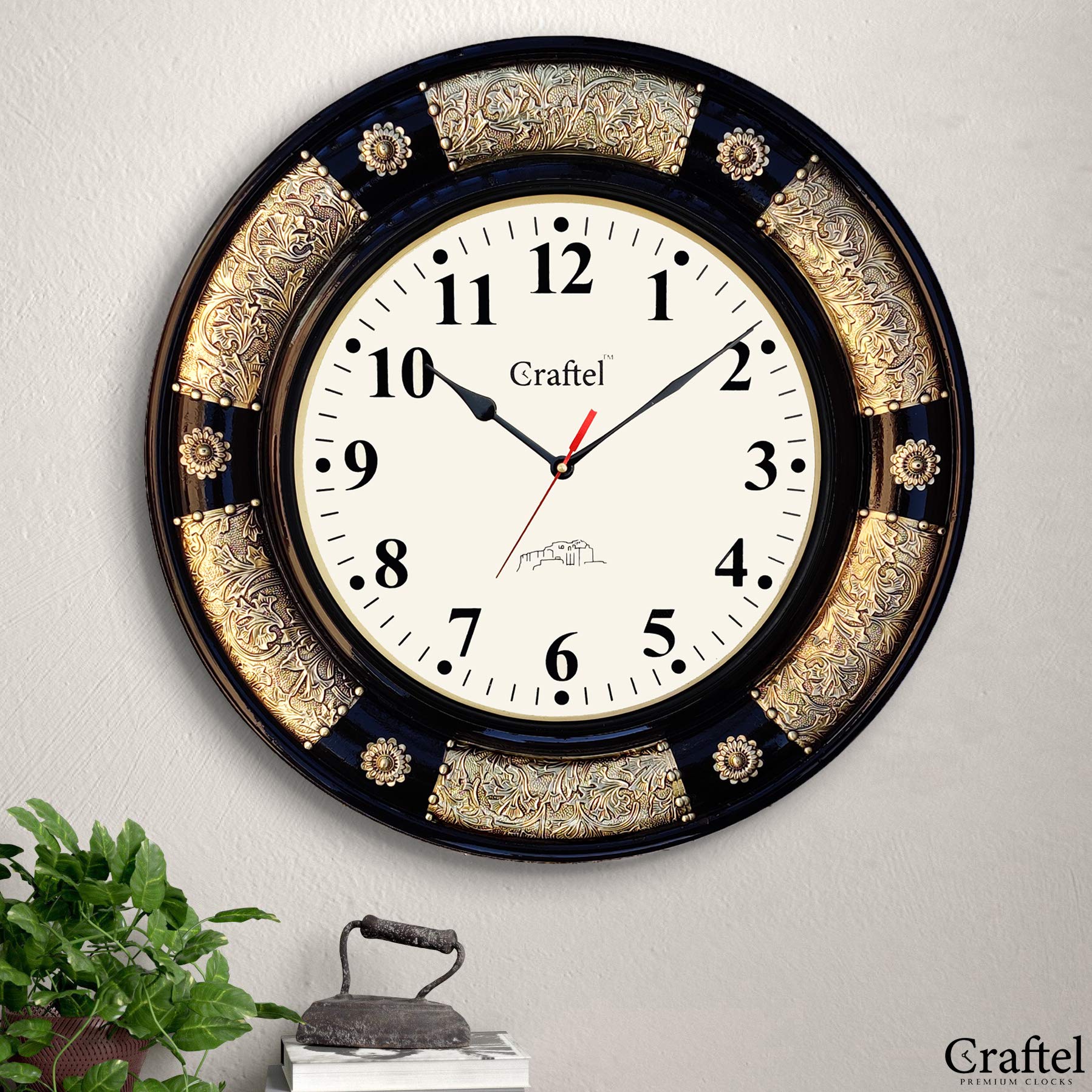 Craftel Brass Fitted Black Polished Analog Wall Clock Antique Decorative Clock With Dome Glass For Living Room Home And Office (