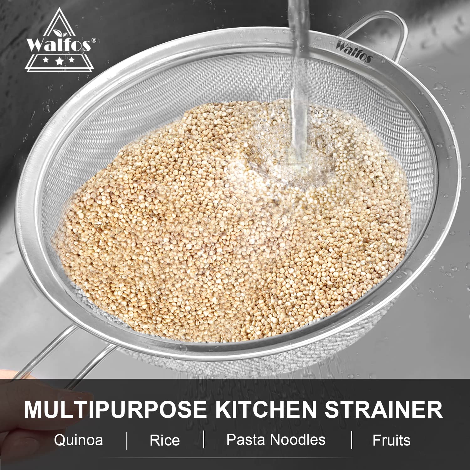 Walfos 9 Inch Large Fine Mesh Strainer, Kitchen Metal Food Strainers With Sturdy Handle, Stainless Steel 30 Mesh Sieve Sifters F