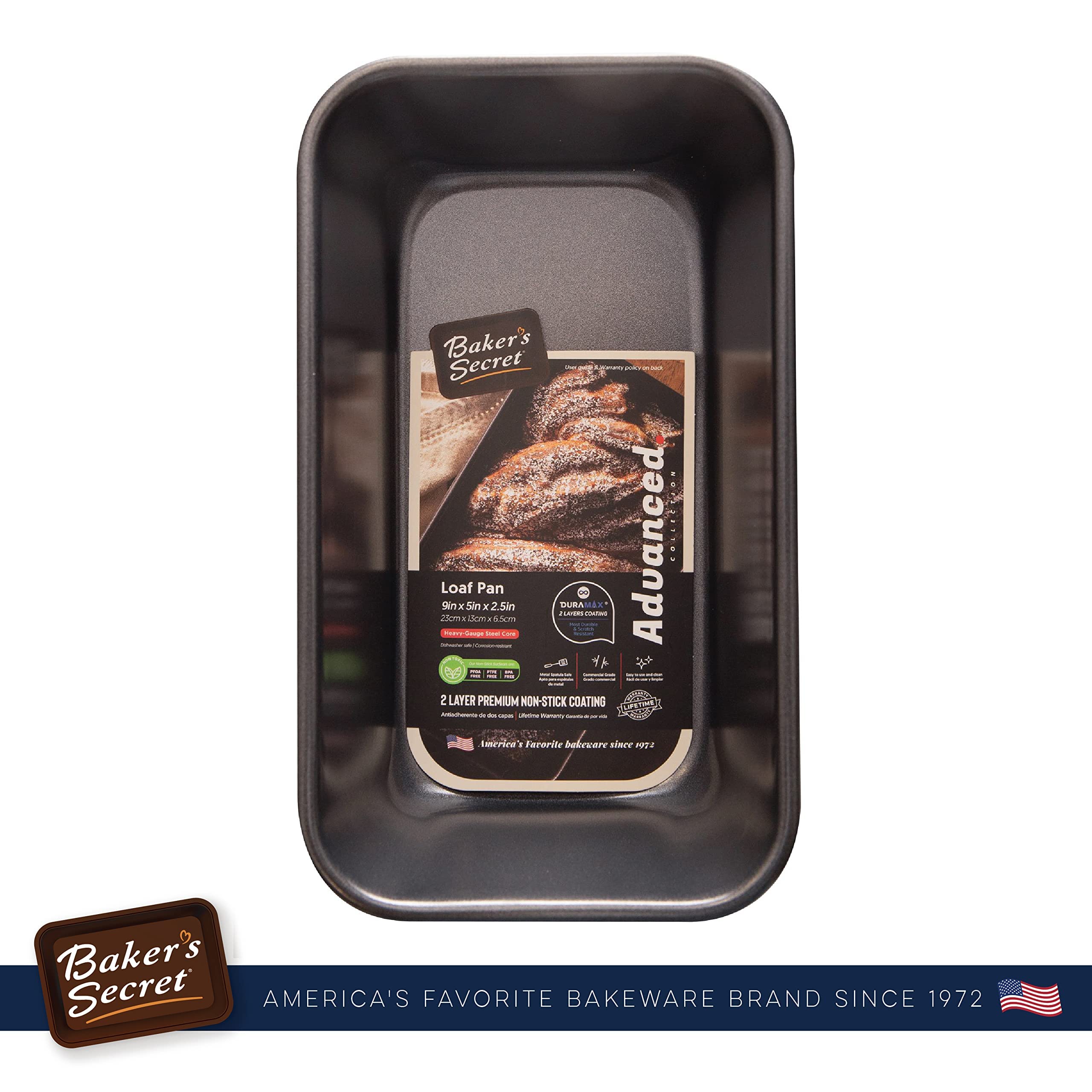 Baker's Secret Nonstick Loaf Pan, 9" x 5", Carbon Steel, Dark Gray, Model BS10072, Ideal for Meatloaf and Bread Baking