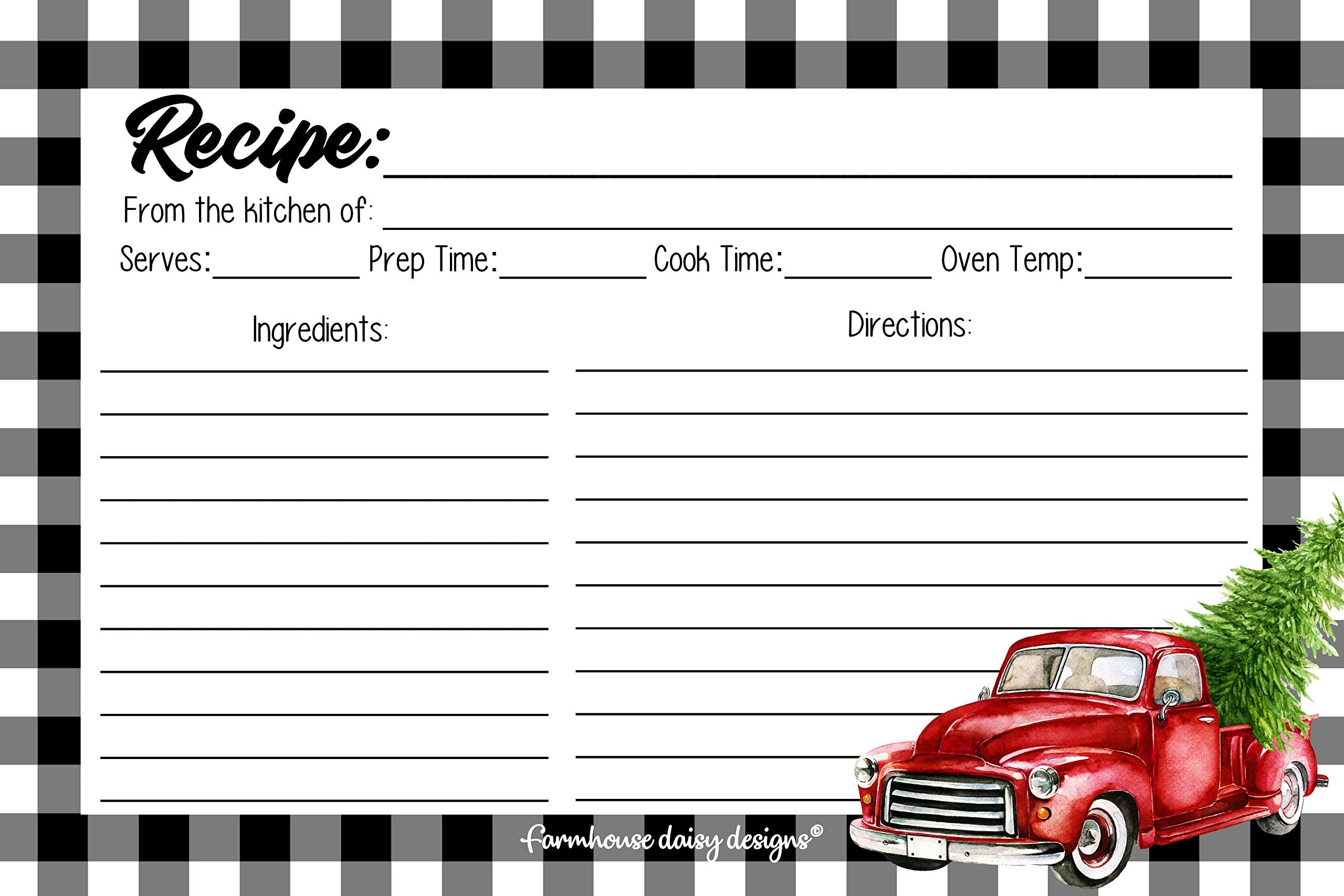 Farmhouse Daisy Designs Buffalo Plaid Decor Old Red Truck Recipe Cards 4X6 Pack Of 50 Double Sided Christmas Holiday Cookie Exch