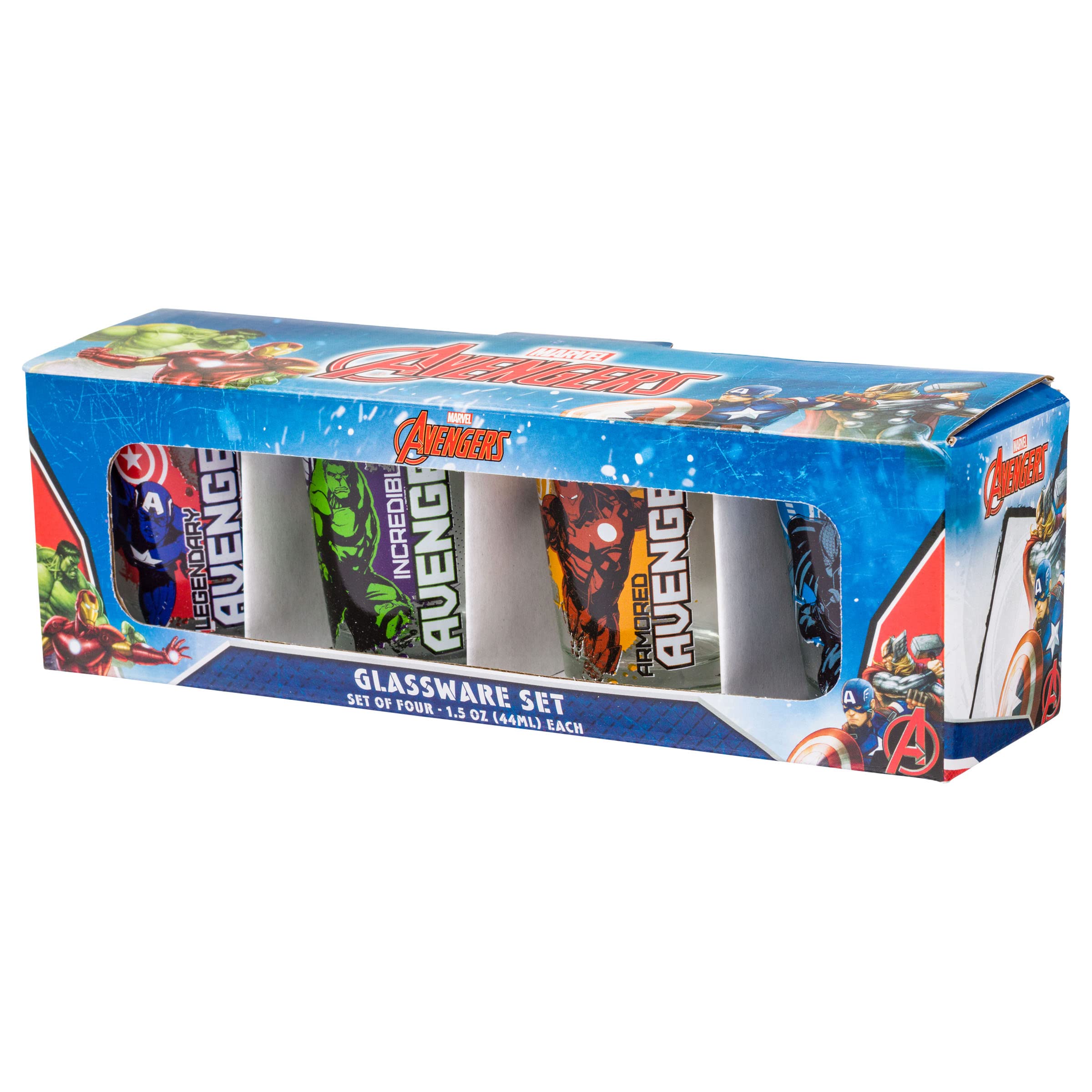 Silver Buffalo Marvel Avengers Featuring Iron Man, The Hulk, Captain America, And Thor 4 Pack Mini Glasses, 1.5 Ounces