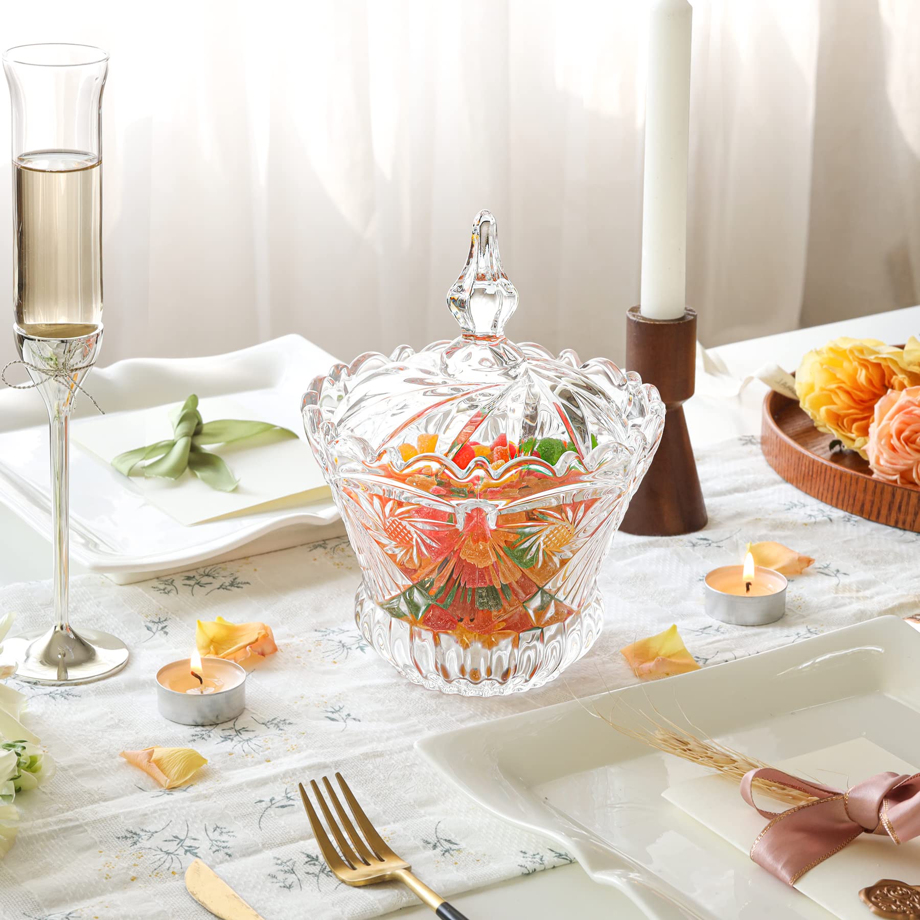 Comsaf Crystal Candy Dish With Lid, Clear Large Candy Bowl, Christmas Glass Candy Jar, Gift For Home, Kitchen, Office Desk, Wedd