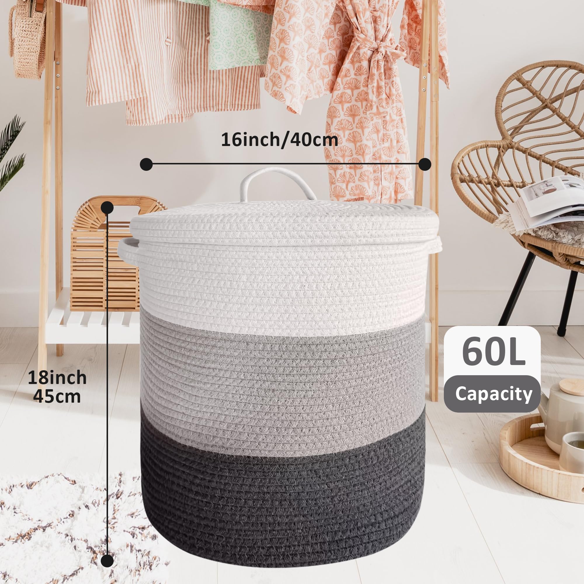 Large Storage Basket With Lid 60L, 16''Wx18''H Woven Laundry Basket With Lid Cotton Laundry Basket, Wicker Basket Blankets Pillo