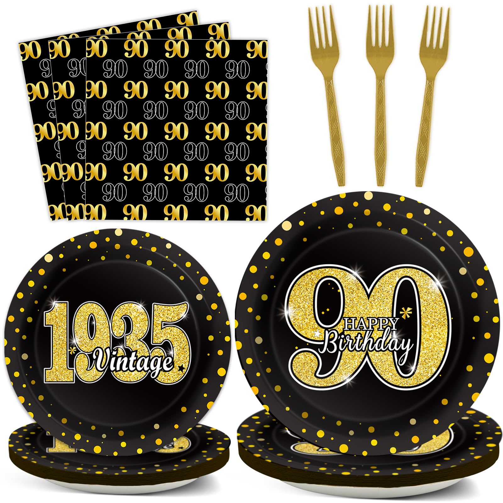 96Pcs 90Th Theme Birthday Party Tableware Vintage 1935 Party Supplies 90 Year Old Birthday Party Decorations Plates Napkins Fork