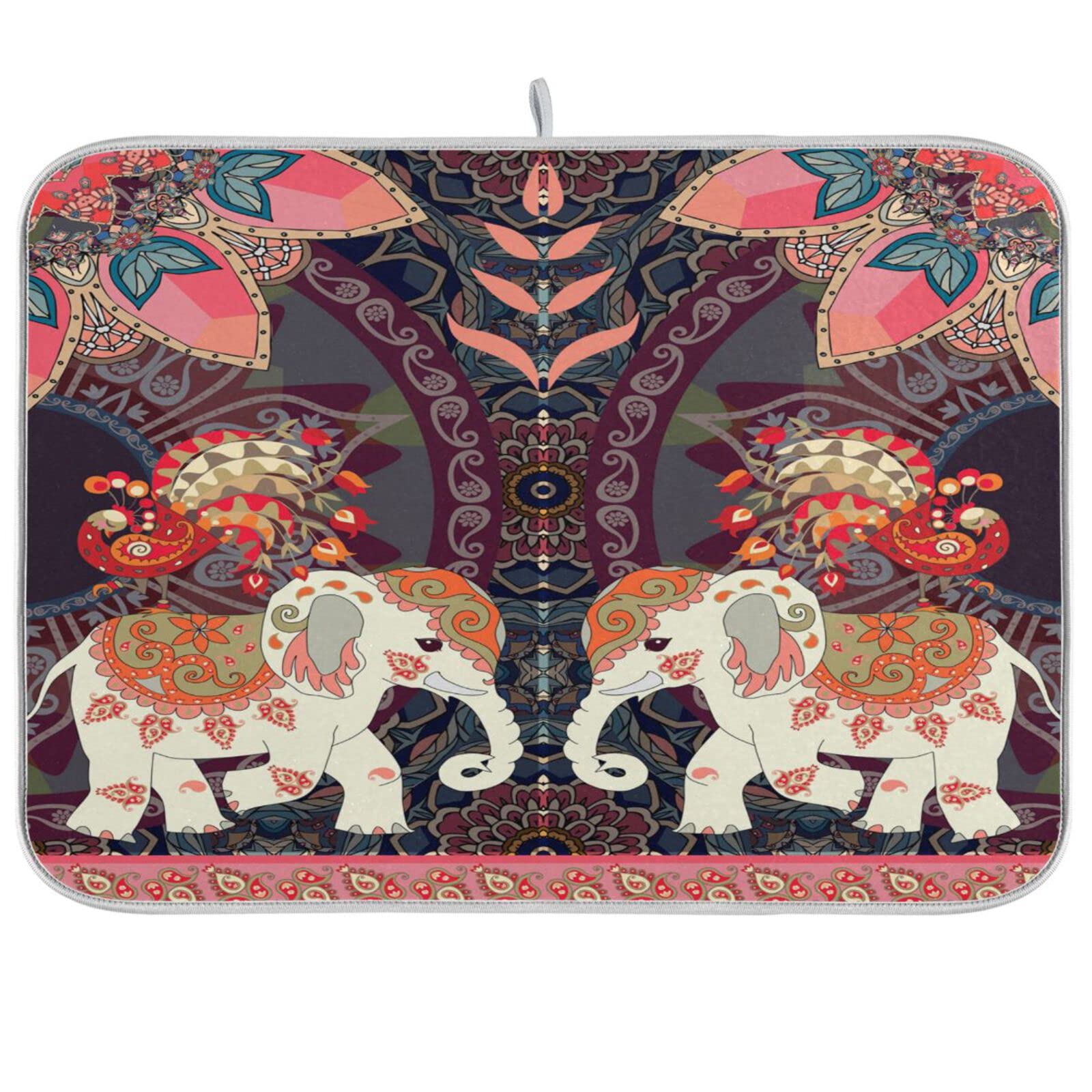 Zzwwr Vintage Indian Elephants Peacock Absorbent Dish Drying Mat, 16 Inch X 18 Inch Microfiber Kitchen Countertop Table Protecto
