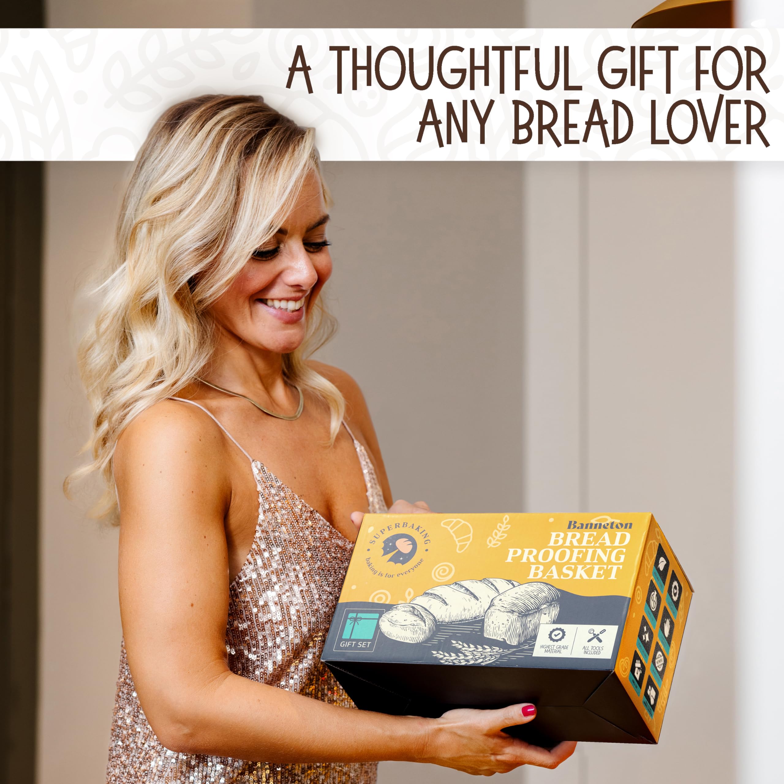 Superbaking 10 Oval Banneton Bread Proofing Basket Gift Set - Sourdough Starter Kit for Crusty Artisan Style Loaves, Includes Es
