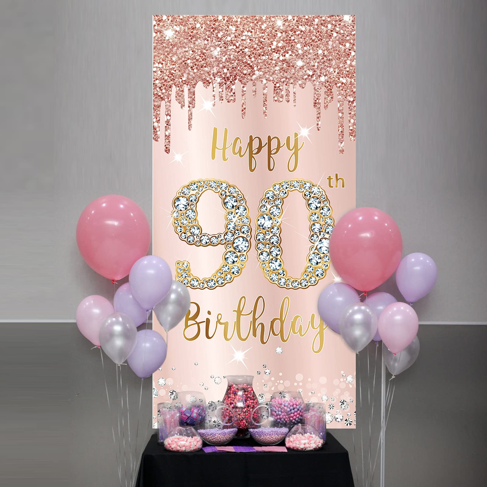 90Th Birthday Door Banner Decorations For Women, Pink Rose Gold Happy 90Th Birthday Door Cover Backdrop Party Supplies, Large 90