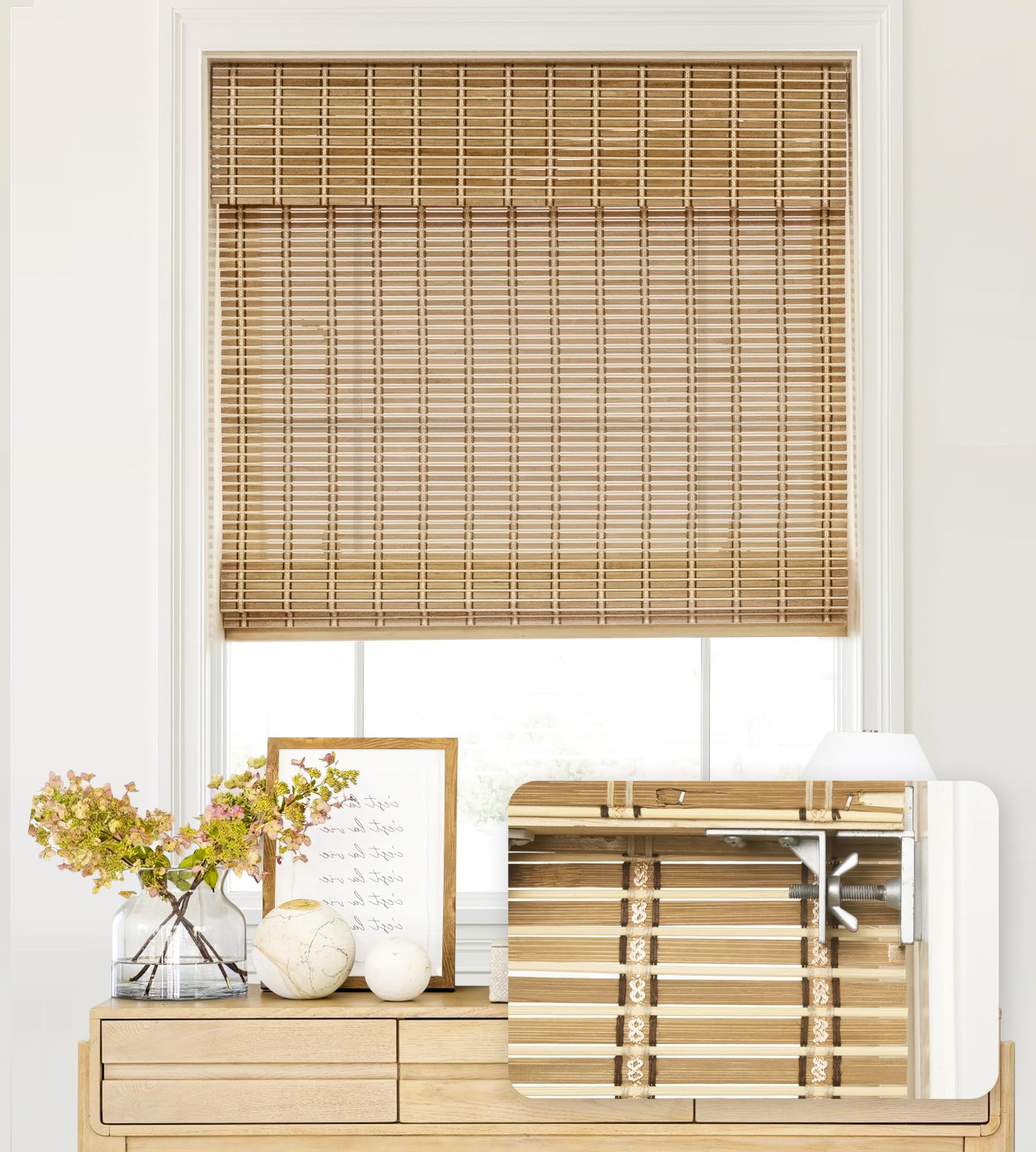 LazBlinds No Tools No Drill Cordless Bamboo Roman Shades, Light Filtering Window Treatment, Roll Up Bamboo Blinds for Window 26