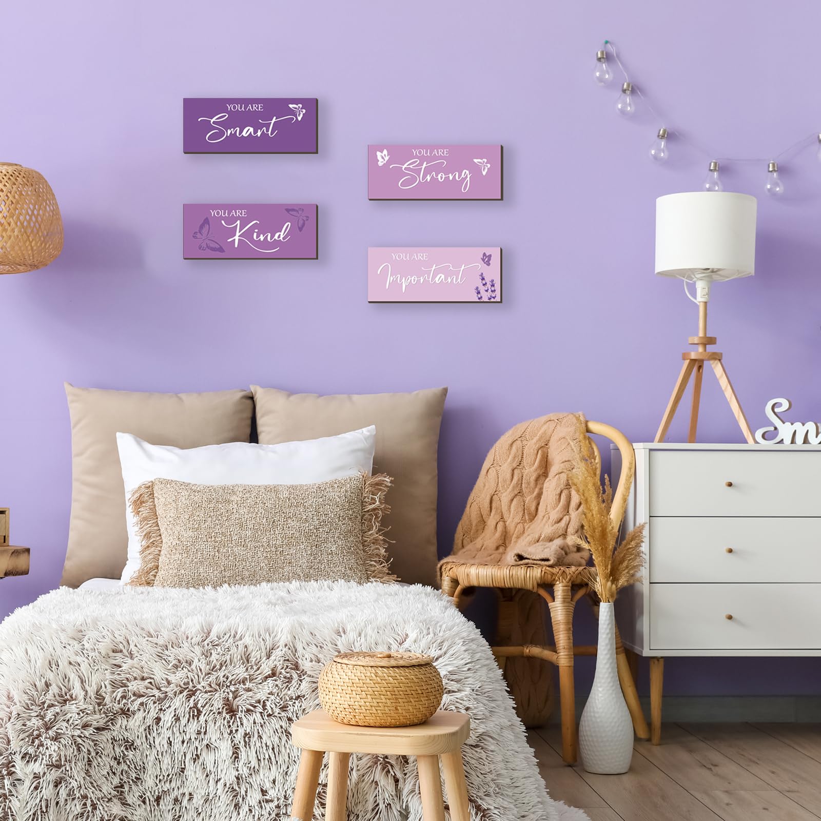 FENCORDAR 4 Pcs Butterfly Wall Decor Girls Room Decor Wooden Purple Wall Decor Positive Butterfly Wall Art Prints Inspirational